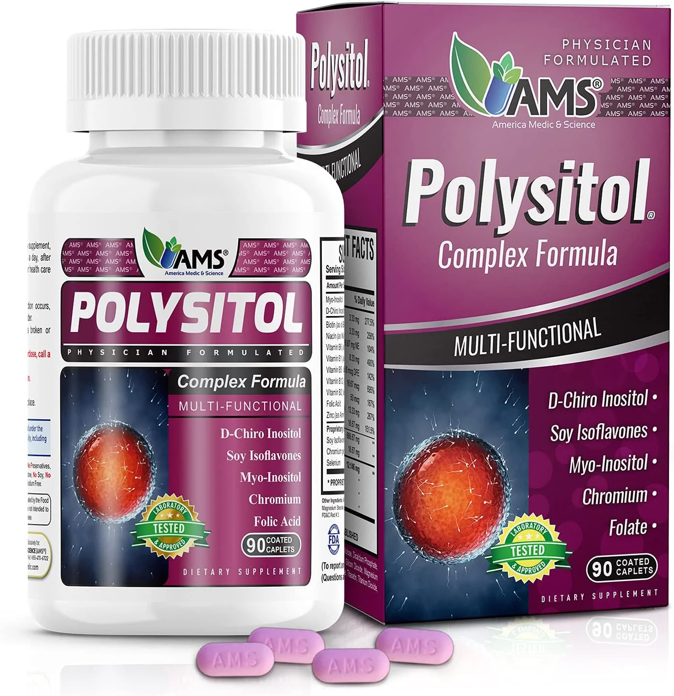 پلی سیتول America Medic & Science (90 عدد) مکمل طبیعی برای زنان | حاوی میو-اینوزیتول، دی-کایرو اینوزیتول، ویتامین ها برای باروری زنان | پشتیبانی از کاهش وزن و تعادل هورمونی