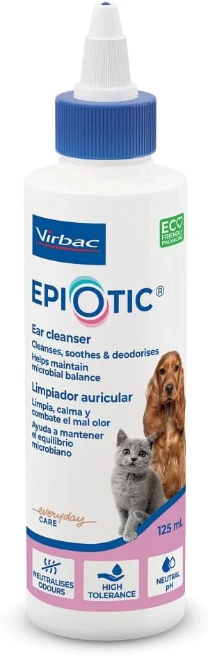 محلول شستشوی گوش سگ و گربه ویرباک اپی-اوتیک 125 میلی لیتر - مراقبت از گوش حیوانات خانگی - پنبه ای - غیر تحریک کننده، پاک کننده درماتولوژیک