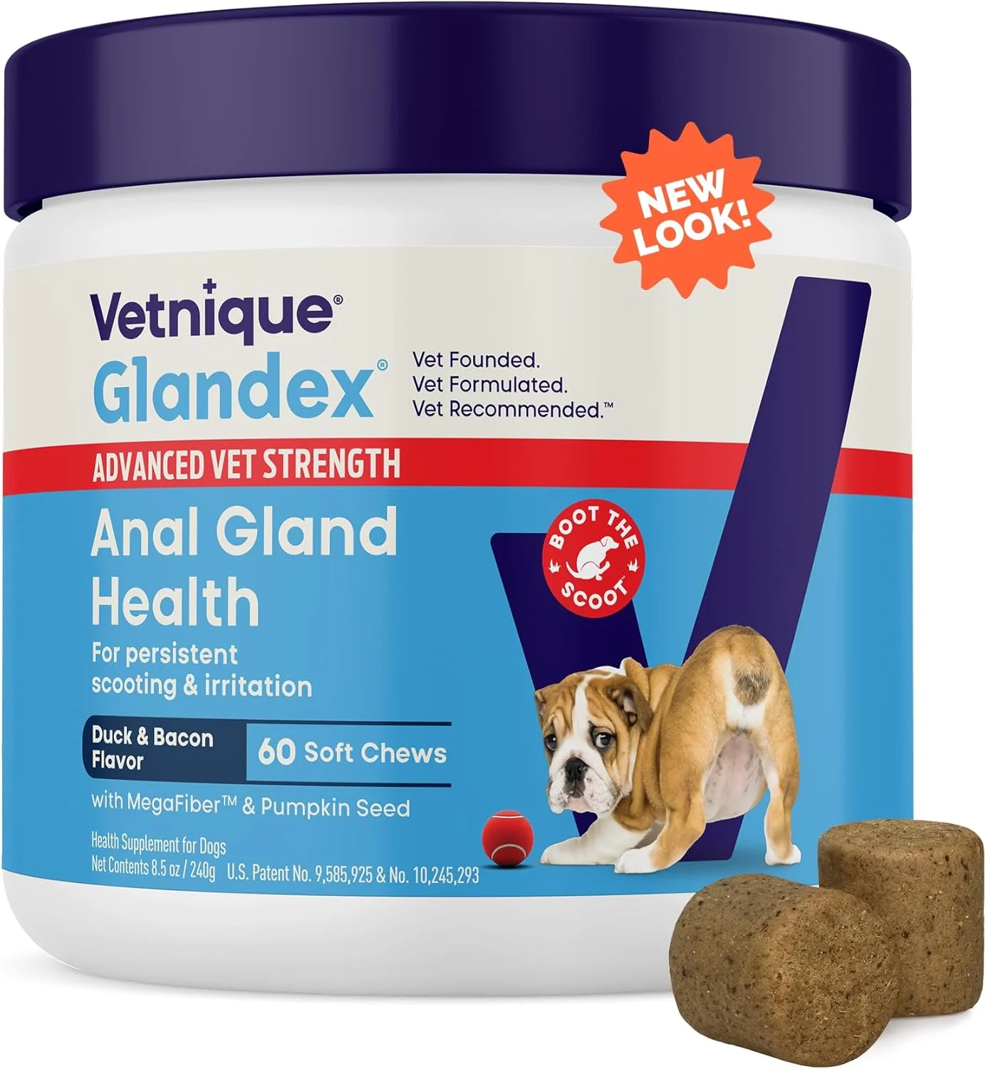 تشویقی نرم و جویدنی سگ Vetnique Glandex با طعم کدو تنبل، حاوی آنزیم های گوارشی، پروبیوتیک و فیبر برای بهبود عملکرد دستگاه گوارش سگ - طعم اردک و بیکن (مناسب گیاهخواران)، 60 عدد