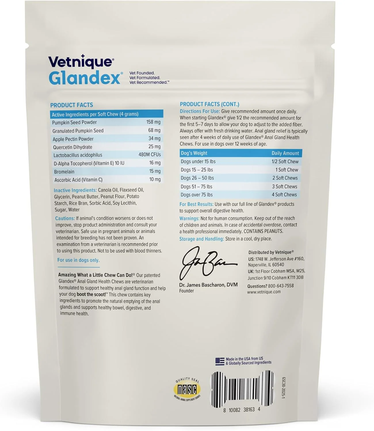 تشویقی نرم غدد مقعدی سگ Vetnique Labs Glandex با کدو تنبل، آنزیم های گوارشی، مکمل فیبر برای سگ ها (طعم کره بادام زمینی، 30 عدد)