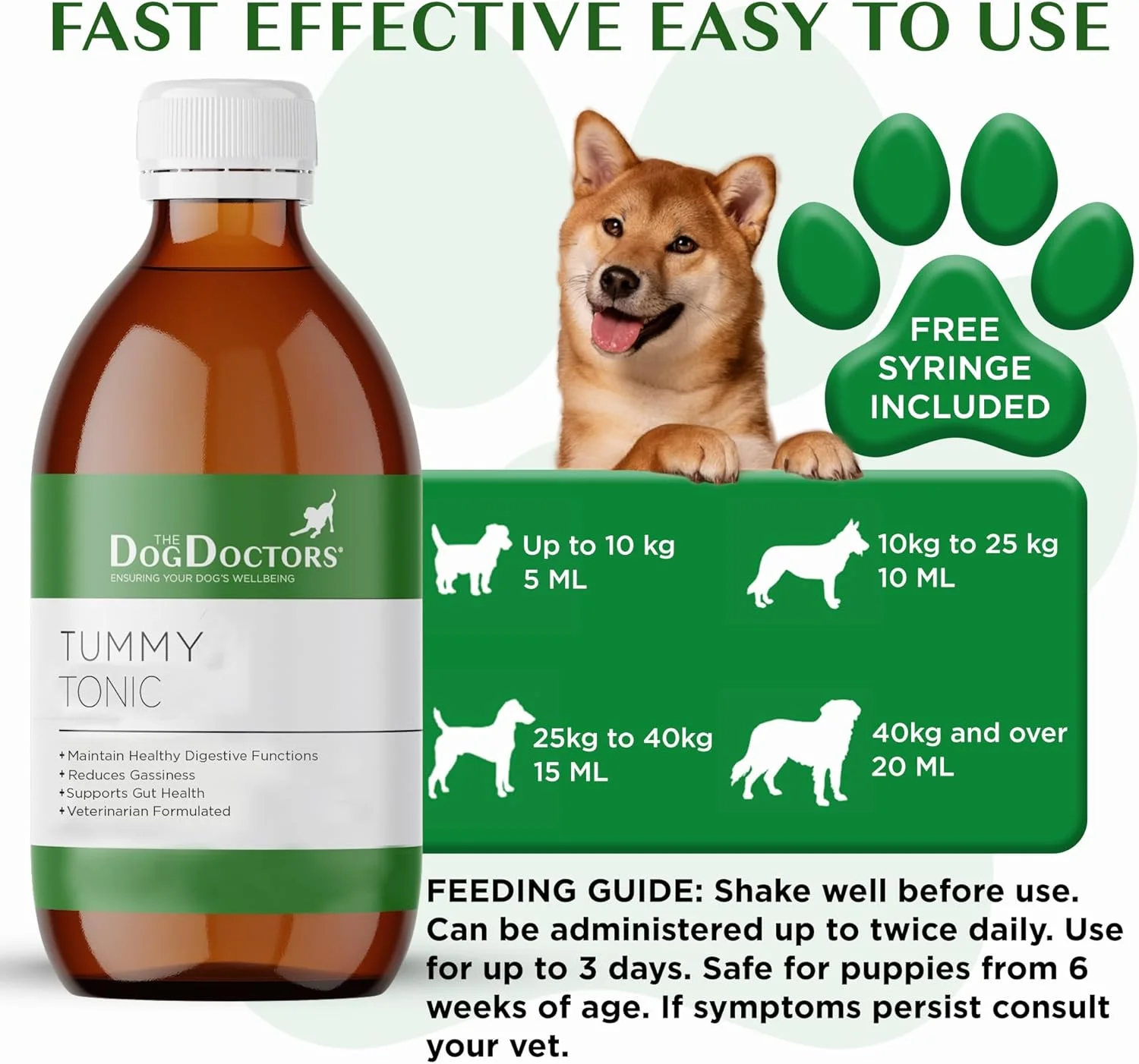 تسکین دهنده معده سگ های دکتر برای تسکین سریع اسهال. 50 وعده برای مشکلات گوارشی - مناسب برای همه نژادها و اندازه ها - شامل سرنگ برای تجویز آسان! (250 میلی لیتر)