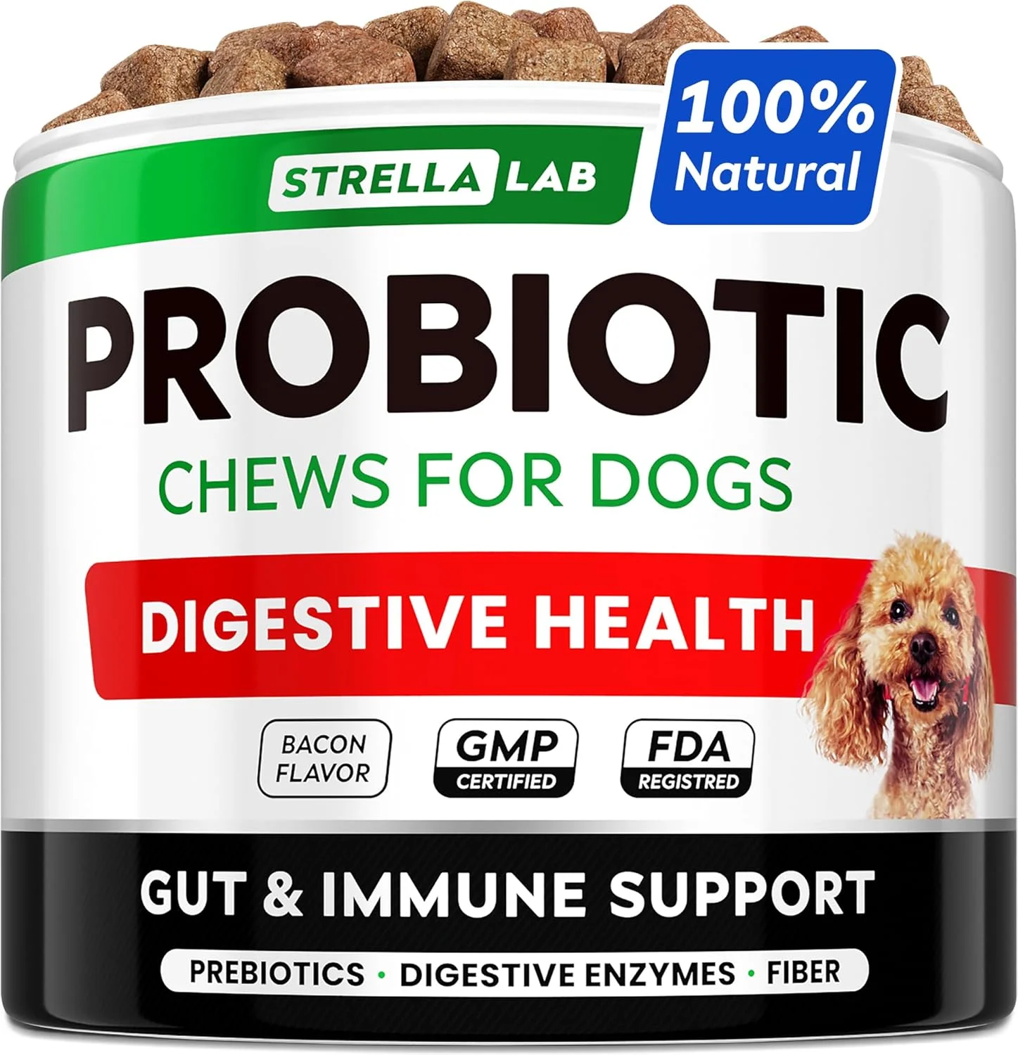 تشویقی پروبیوتیک سگ StrellaLab برای سگ های بد غذا - آنزیم های گوارشی + پری بیوتیک ها - مکمل فیبر جویدنی - تسکین آلرژی، اسهال، نفخ، یبوست، ناراحتی معده - بهبود هضم و ایمنی