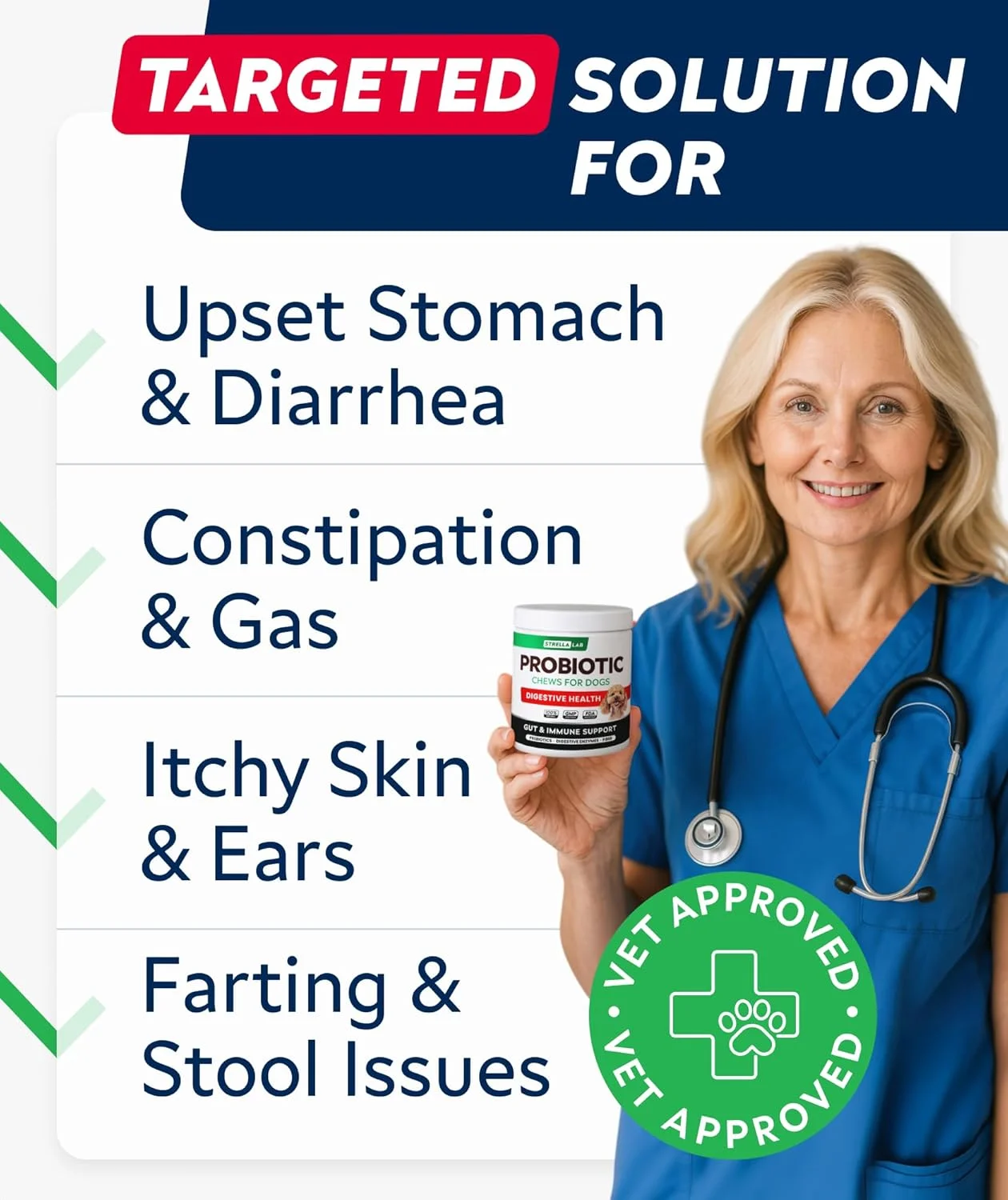 پروبیوتیک سگ StrellaLab Pet Pro برای سگ ها و آنزیم های گوارشی + خوراکی های سلامت روده و هضم، جویدنی های پروبیوتیک سگ، مکمل فیبر، ضد اسهال، یبوست، ناراحتی معده و تسکین گاز، پری بیوتیک سگ سانان