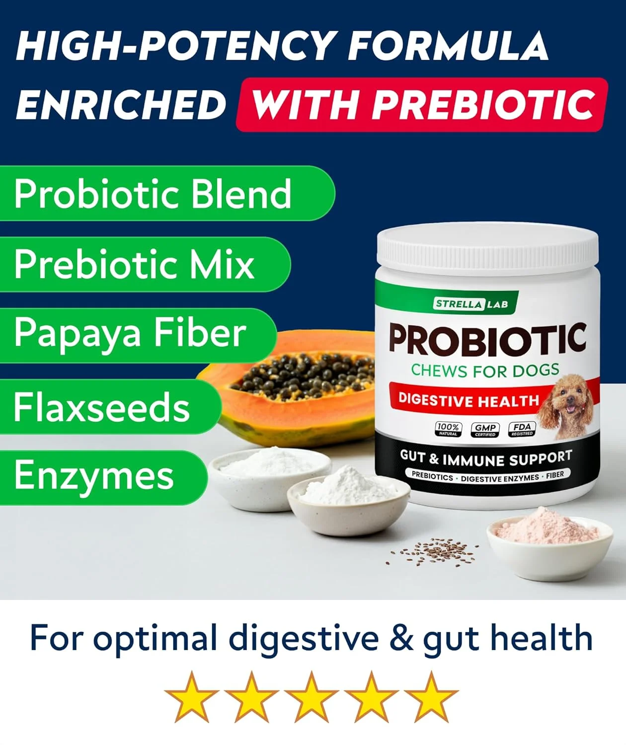 پروبیوتیک سگ StrellaLab Pet Pro برای سگ ها و آنزیم های گوارشی + خوراکی های سلامت روده و هضم، جویدنی های پروبیوتیک سگ، مکمل فیبر، ضد اسهال، یبوست، ناراحتی معده و تسکین گاز، پری بیوتیک سگ سانان