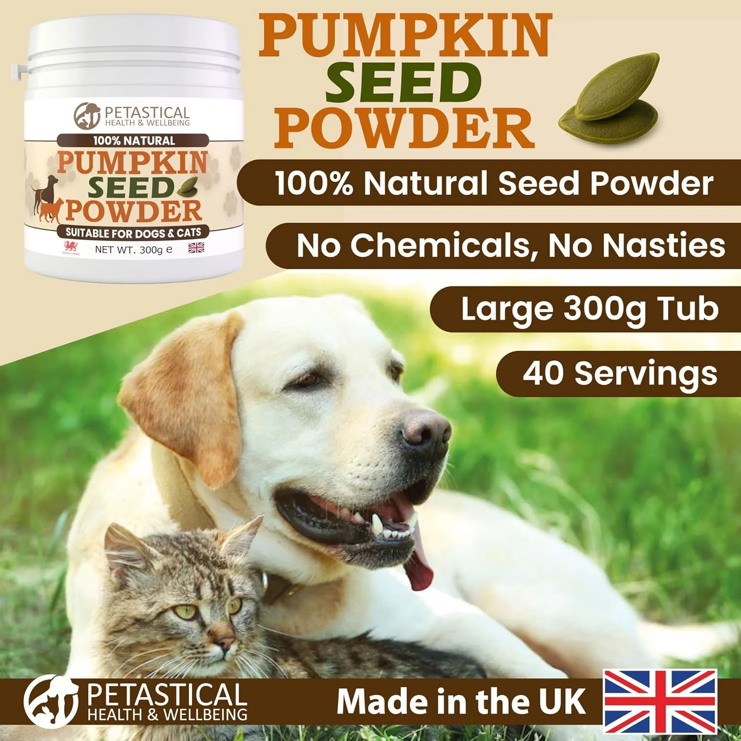 پودر تخم کدو تنبل برای سگ و گربه، مکمل غذایی طبیعی و سرشار از فیبر برای سلامت روده، هضم و پوشش بدن، 100% تخم کدو تنبل، ساخت انگلستان (300 گرم)