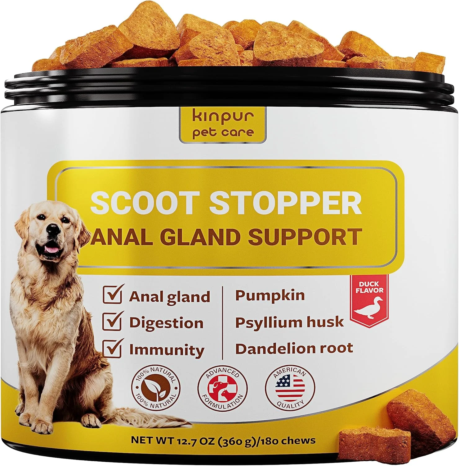 تشویقی نرم سگ Kinpur Pet Care Scoot Stopper حاوی فیبر - سفت کننده مدفوع برای درمان غدد سگ، پشتیبانی از هضم - 180 عدد تشویقی خوشمزه حاوی تخم کتان طبیعی، کدو تنبل و پوسته پسیلیوم برای آسایش سگ