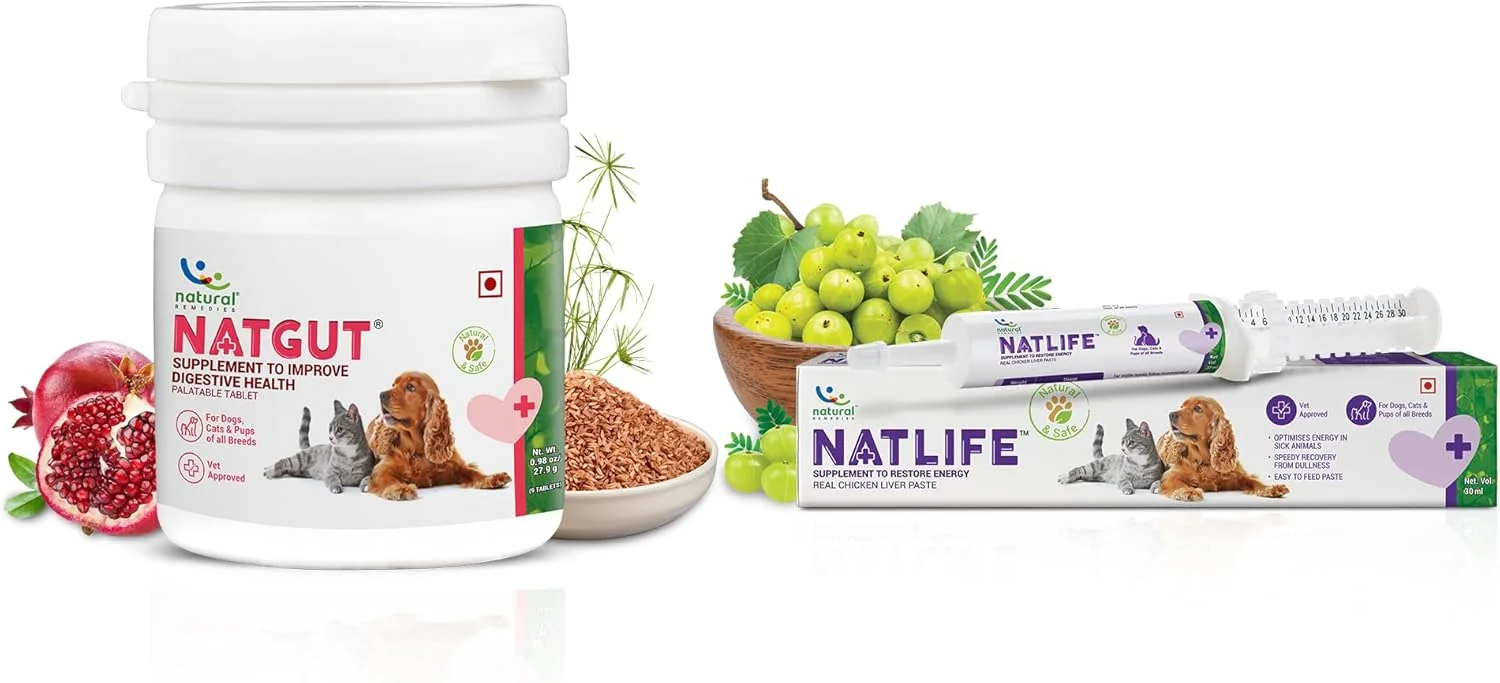 مجموعه مکمل سلامت گوارش نات‌گات نچرال رمدیز (9 قرص) و مکمل بازیابی انرژی نات‌لایف (30 میلی‌لیتر) با عصاره جگر مرغ واقعی برای سگ، گربه و توله سگ از همه نژادها - بسته ترکیبی 2 عددی