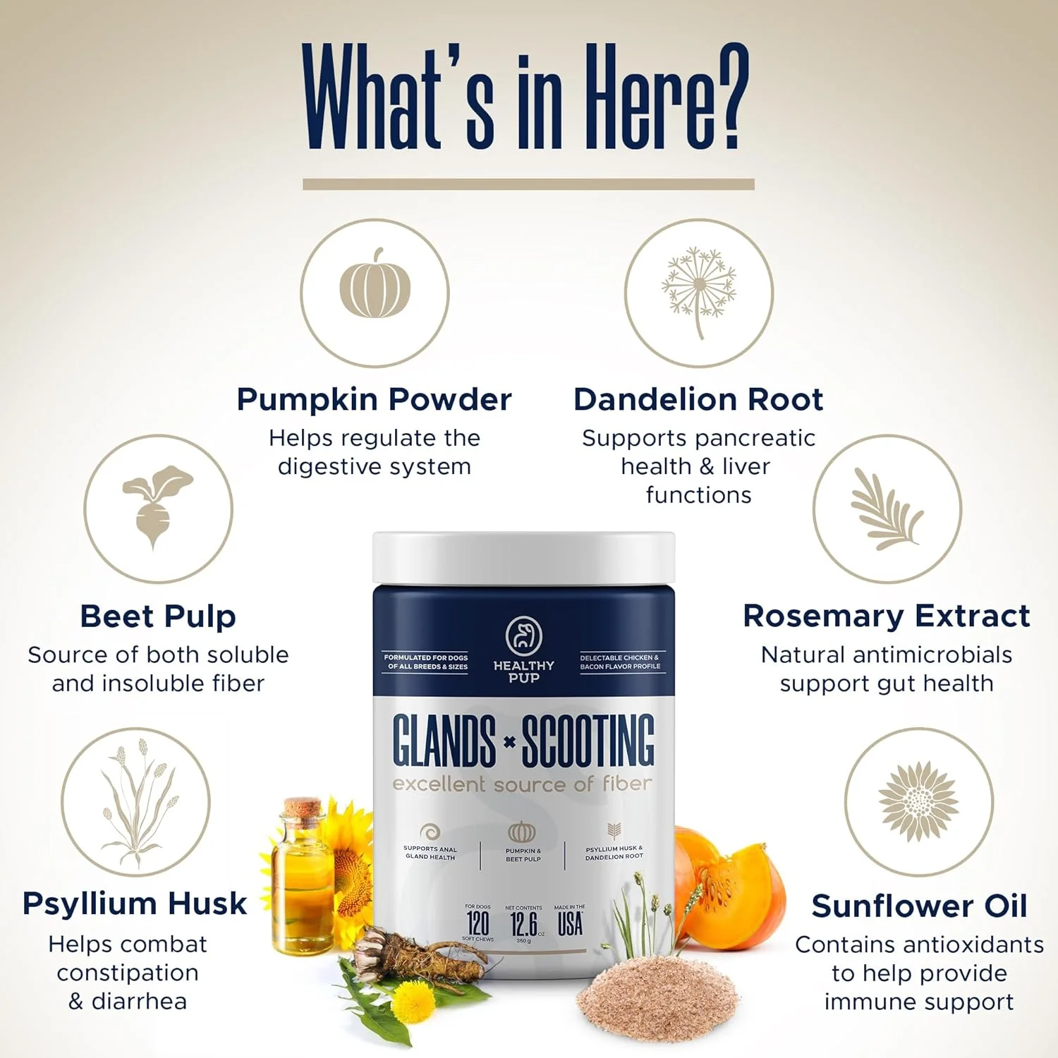 مکمل پشتیبانی روده و غدد - 120 عدد جویدنی نرم و خوشمزه برای سلامت غدد و دستگاه گوارش - ساخته شده با پودر کدو تنبل برای سگ ها