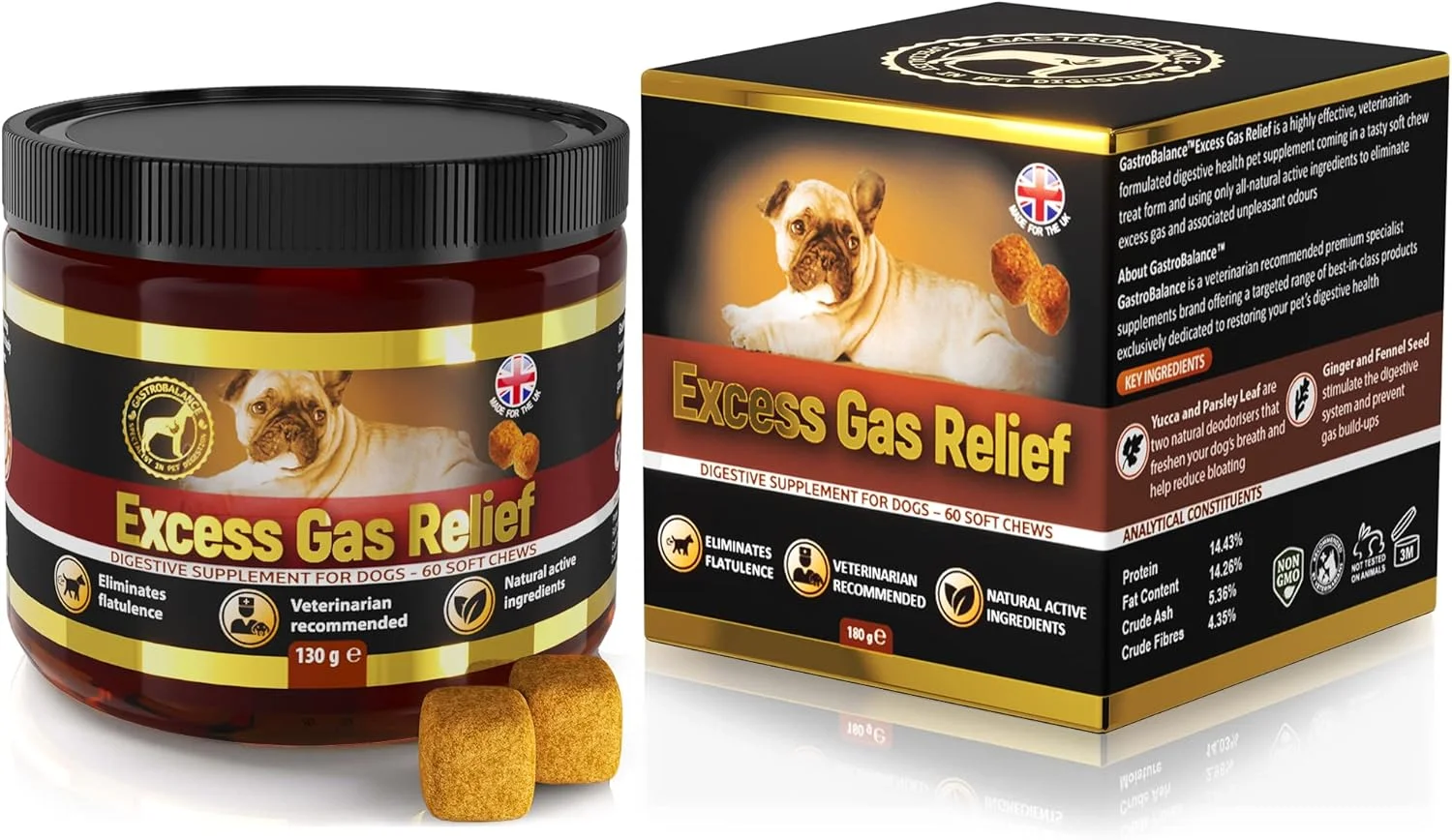 درمان نفخ سگ - 60 عدد جویدنی طبیعی برای نفخ سگ با طعم بیکن، توصیه شده توسط دامپزشک