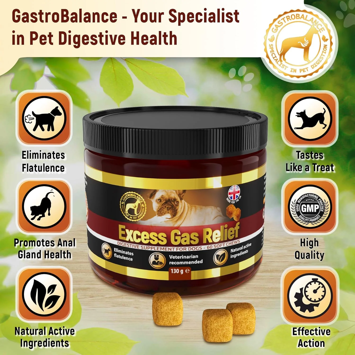 درمان نفخ سگ - 60 عدد جویدنی طبیعی برای نفخ سگ با طعم بیکن، توصیه شده توسط دامپزشک