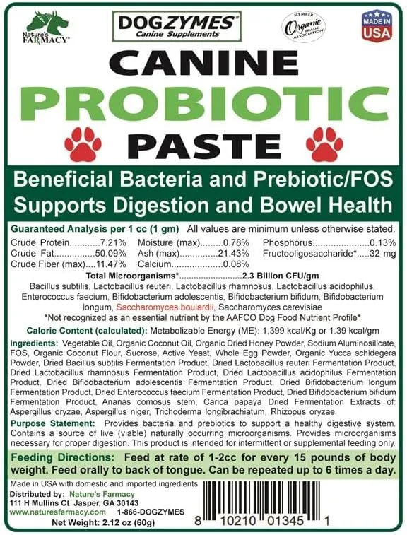 پاستا پروبیوتیک سگ Dogzymes حاوی باکتری های مفید و آنزیم، 2.3 میلیارد CFU/گرم Saccharomyces boulardii و پودر عسل خشک ارگانیک (60 گرم)