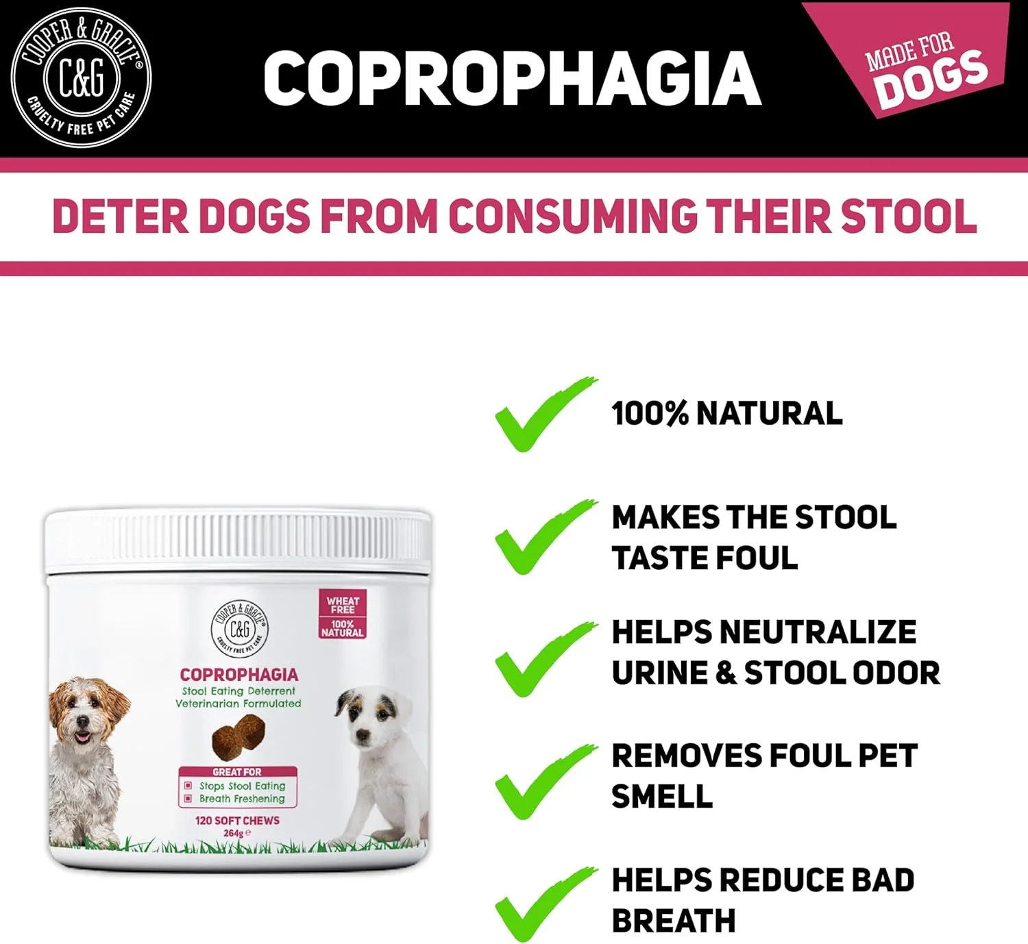 تشویقی های نرم ضد مدفوع خواری طبیعی C&G Pets | طعم مدفوع را ناخوشایند می کند | کمک به خنثی کردن ادرار | کاهش بوی بد دهان | فرموله شده توسط دامپزشک… (120 عدد) تشویقی های نرم ضد مدفوع خواری طبیعی C&G Pets | طعم مدفوع را ناخوشایند می کند | کمک به خنثی کردن ادرار | کاهش بوی بد دهان | فرموله شده توسط دامپزشک… (120 عدد)