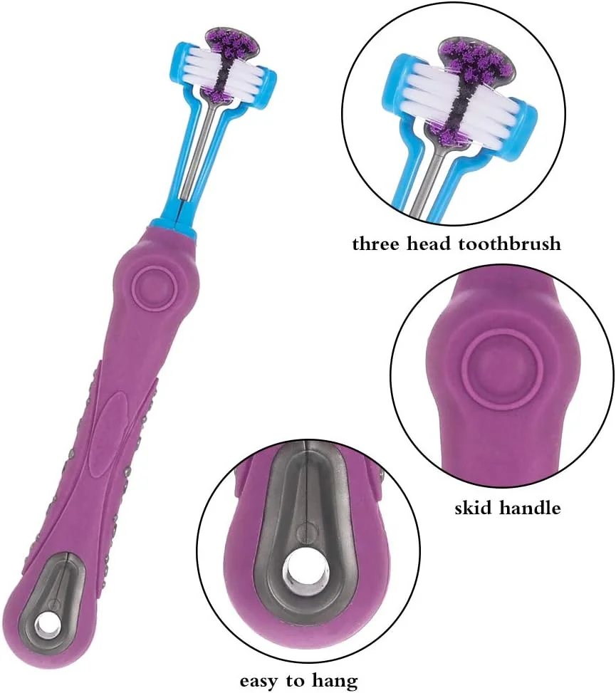 مسواک سه‌طرفه سگ مدل تونیگ-پی به همراه مسواک انگشتی سیلیکونی، مسواک حیوانات خانگی برای مراقبت از دندان و رفع بوی بد دهان سگ و گربه کوچک و بزرگ (نارنجی، بنفش، آبی)
