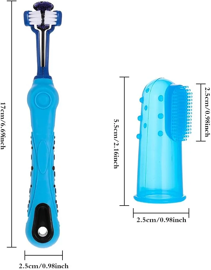 مسواک سه‌طرفه سگ مدل تونیگ-پی به همراه مسواک انگشتی سیلیکونی، مسواک حیوانات خانگی برای مراقبت از دندان و رفع بوی بد دهان سگ و گربه کوچک و بزرگ (نارنجی، بنفش، آبی)
