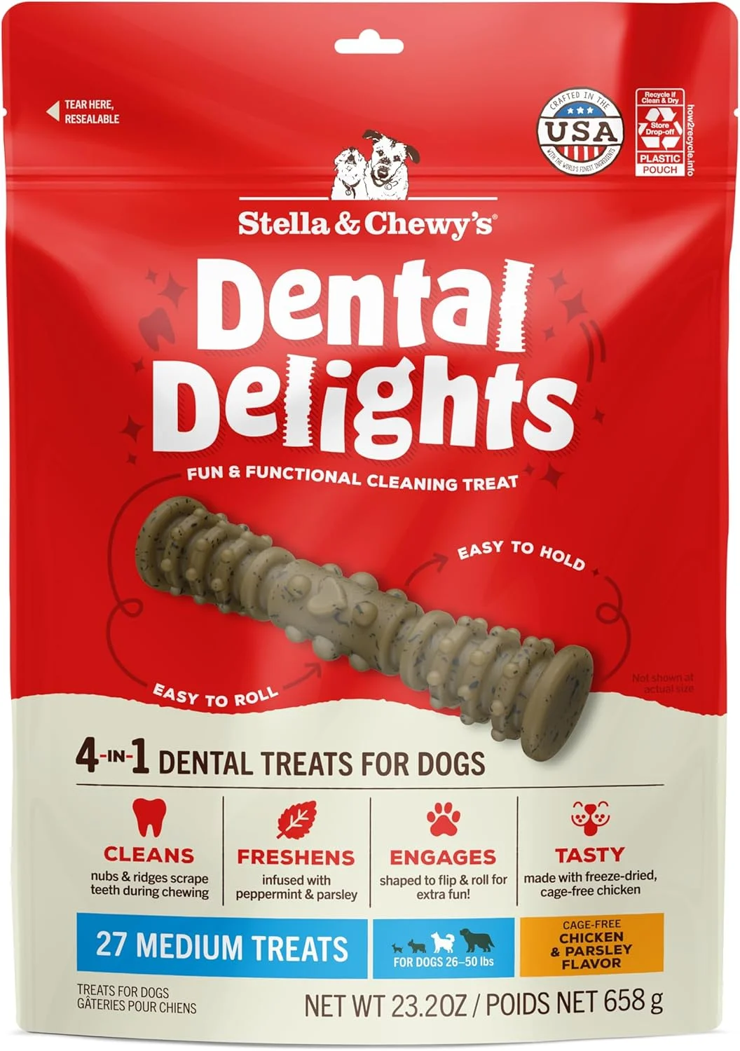 تشویقی دندانی سگ با مرغ خشک شده استلا و چوی - تشویقی دندانی سایز متوسط برای سگ ها، بسته 657 گرمی