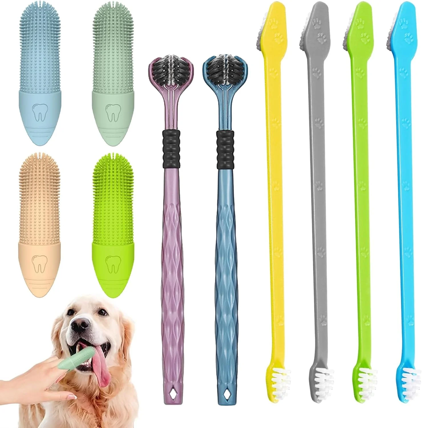 مسواک سگ، بسته 2 عددی مسواک سگ با سه سر، 4 مسواک انگشتی، 4 مسواک دو سر، مسواک تمیز کننده 360 درجه دندان حیوانات خانگی برای مراقبت از دندان گربه