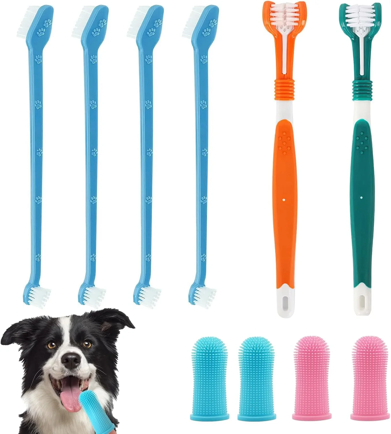 مجموعه مسواک دندان سگ، 2 عدد مسواک سه سر، 4 عدد مسواک انگشتی، 4 عدد مسواک دو سر، مسواک برای سگ های کوچک/گربه ها، حیوانات خانگی متوسط و بزرگ
