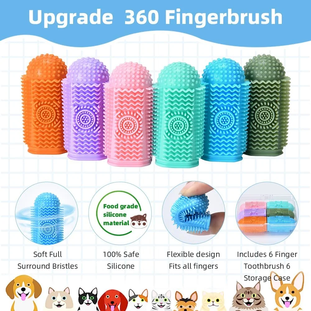 ست مسواک انگشتی سیلیکونی سگ 6 عددی، کیت مسواک زدن 360 درجه سگ، مسواک انگشتی، مسواک گربه، تمیز کردن دندان، مراقبت از دندان سگ و گربه