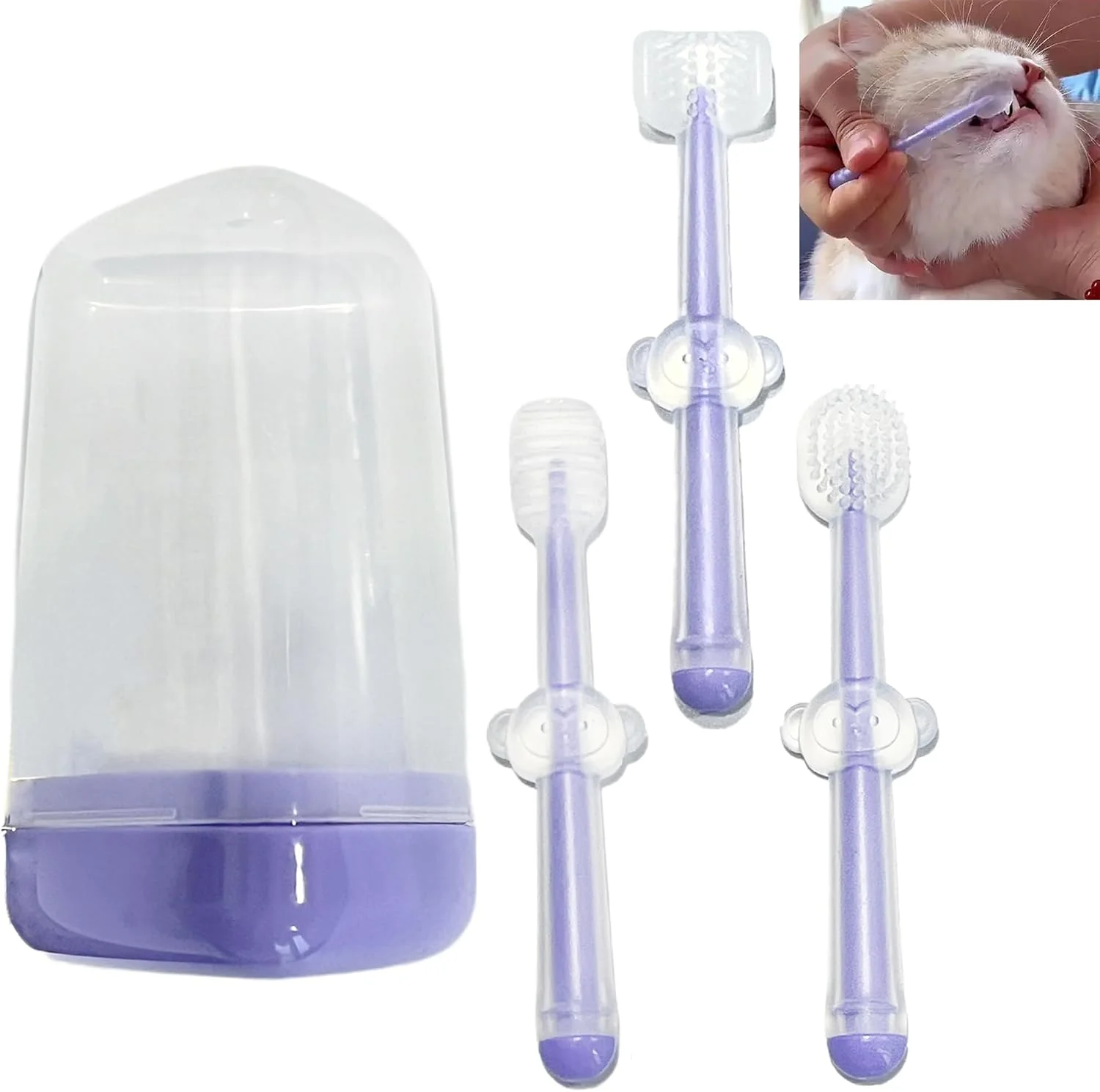 مسواک گربه، ست مسواک سگ، ست 3 عددی، بنفش، ست تمیز کننده چند زاویه دندان، مناسب برای حیوانات خانگی کوچک تا متوسط، برای مراقبت راحت از دندان