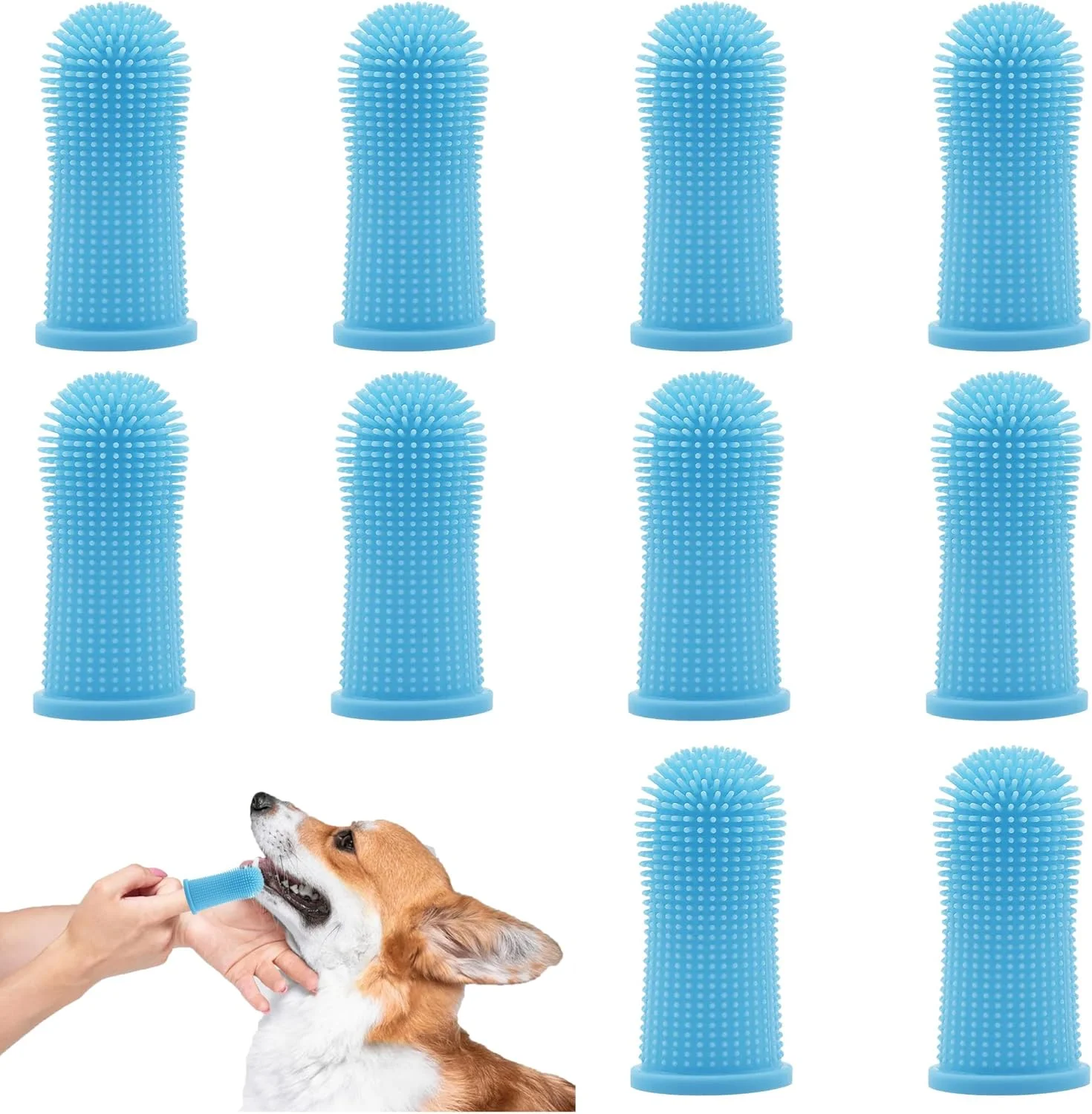 10 عدد مسواک انگشتی سگ، محصولات تمیز کننده دندان سگ، مسواک انگشتی 360 درجه سگ، جرم گیر دندان سگ، تمیز کردن آسان دندان های سگ، مناسب برای استفاده با خمیر دندان سگ (آبی)
