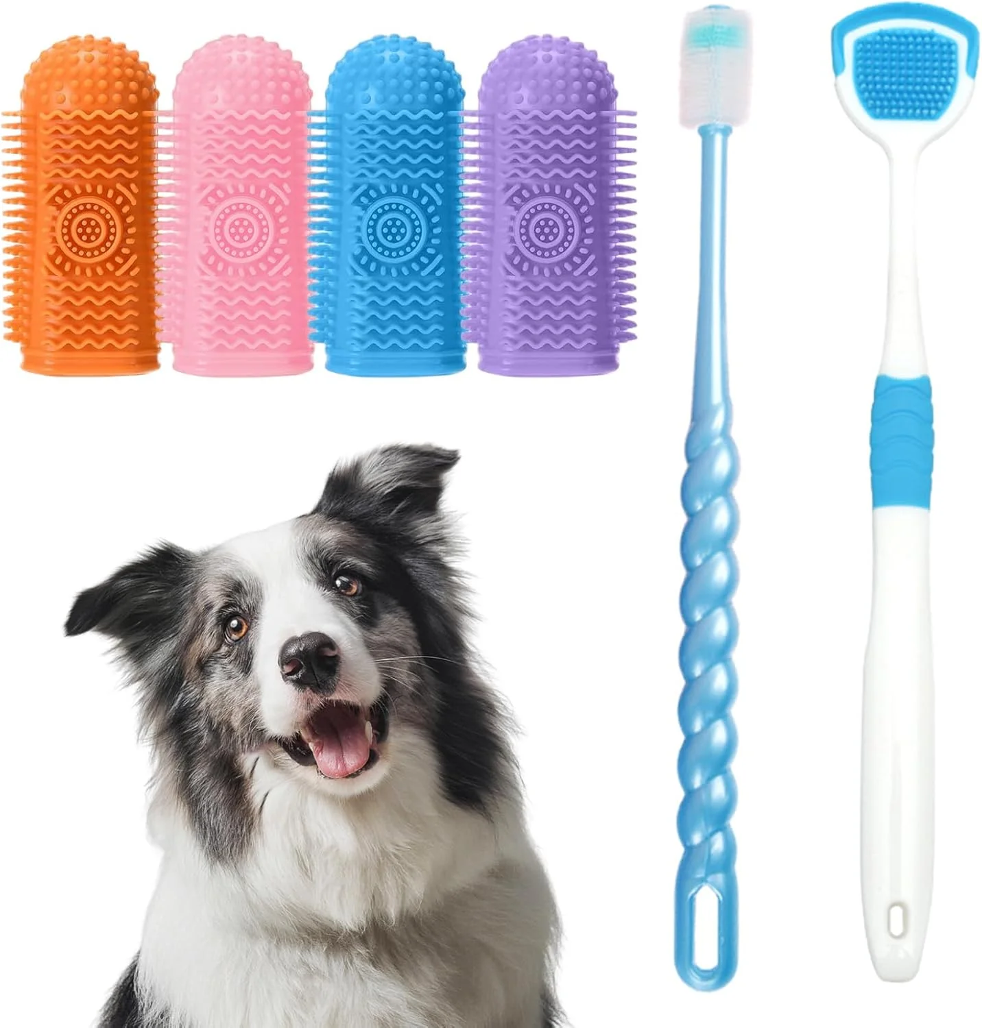 مجموعه مسواک سگ (6 عددی) - 4 مسواک انگشتی، برس چرخشی و تمیز کننده زبان برای مراقبت کامل از دندان سگ