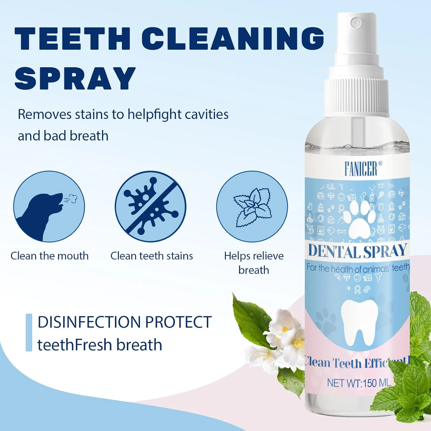 اسپری دندان 150 میلی لیتری برای سگ ها و گربه ها، از بین برنده پلاک، خنثی کننده بوی بد دهان، جلوگیری از جرم دندان، تنفس تازه و مراقبت از دندان