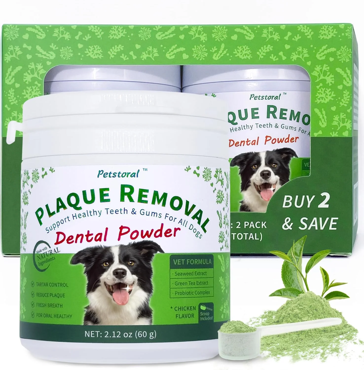 پودر دندان طبیعی از بین برنده پلاک، مراقبت از دندان سگ و درمان بوی بد دهان، پودر تمیز کننده دندان سگ برای دندان ها و لثه های سالم برای همه سگ ها (دو عددی)