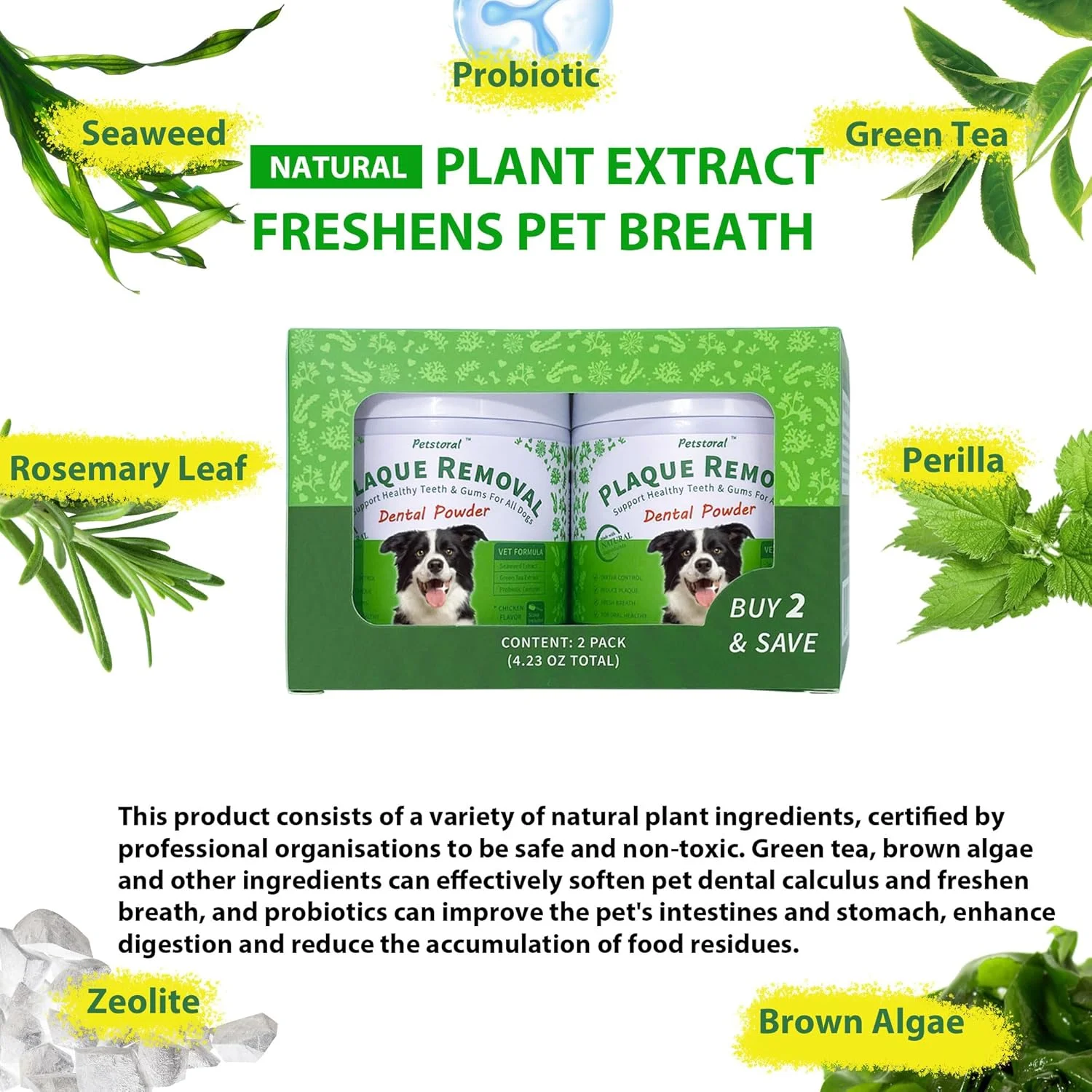 پودر دندان طبیعی از بین برنده پلاک، مراقبت از دندان سگ و درمان بوی بد دهان، پودر تمیز کننده دندان سگ برای دندان ها و لثه های سالم برای همه سگ ها (دو عددی)
