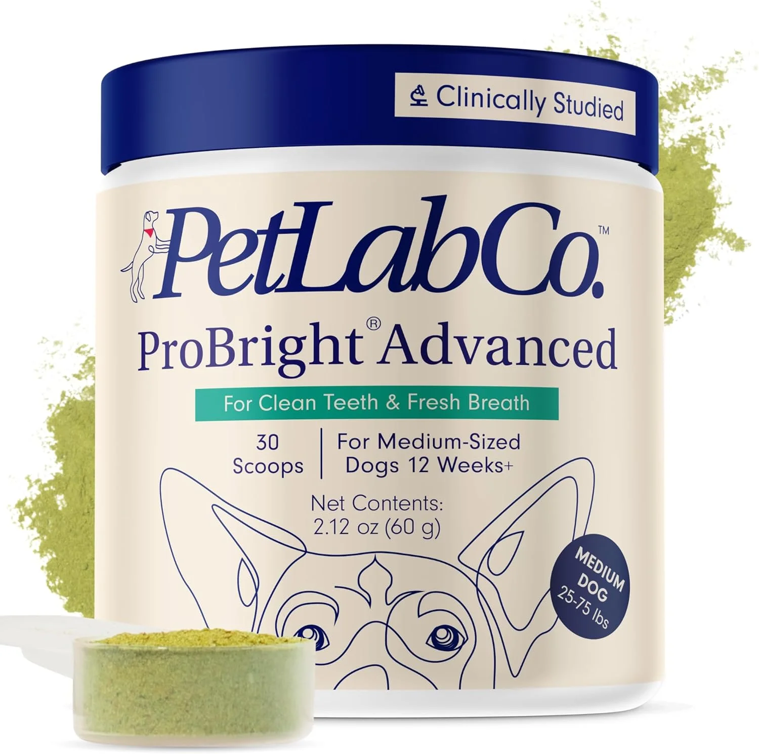 پودر پیشرفته دندان سگ PetLab Co. ProBright - خوشبو کننده دهان سگ - تمیز کردن آسان دندان ها - هدف قرار دادن جرم و بوی بد دهان - فرموله شده برای سگ های سایز متوسط