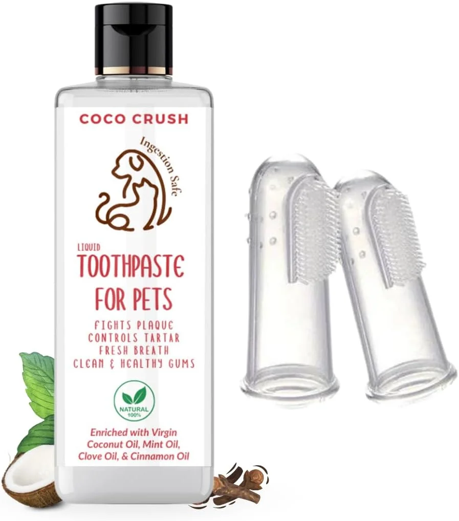 مجموعه مراقبت از دندان حیوانات خانگی - مسواک انگشتی و خمیر دندان طبیعی | ایمن برای سگ، گربه، توله سگ و بچه گربه | برس بدون BPA | 100% طبیعی (50 میلی لیتر + 2 برس)