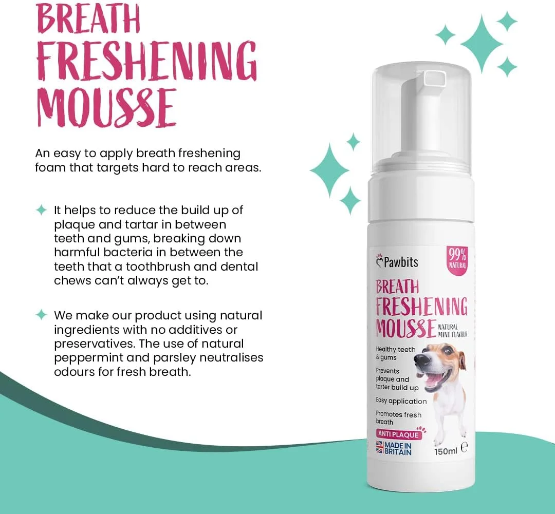 موس خوشبو کننده دهان سگ Pawbits - از بین برنده بوی بد دهان، جرم و پلاک با دهانشویه سگ - تنفس تازه و بهداشت دهان و دندان ایمن برای سگ شما