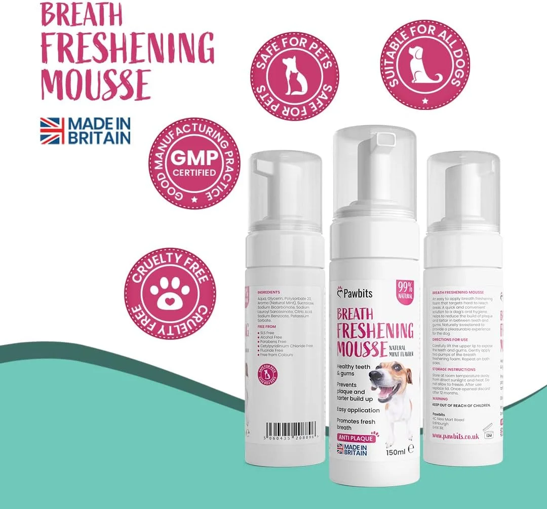 موس خوشبو کننده دهان سگ Pawbits - از بین برنده بوی بد دهان، جرم و پلاک با دهانشویه سگ - تنفس تازه و بهداشت دهان و دندان ایمن برای سگ شما