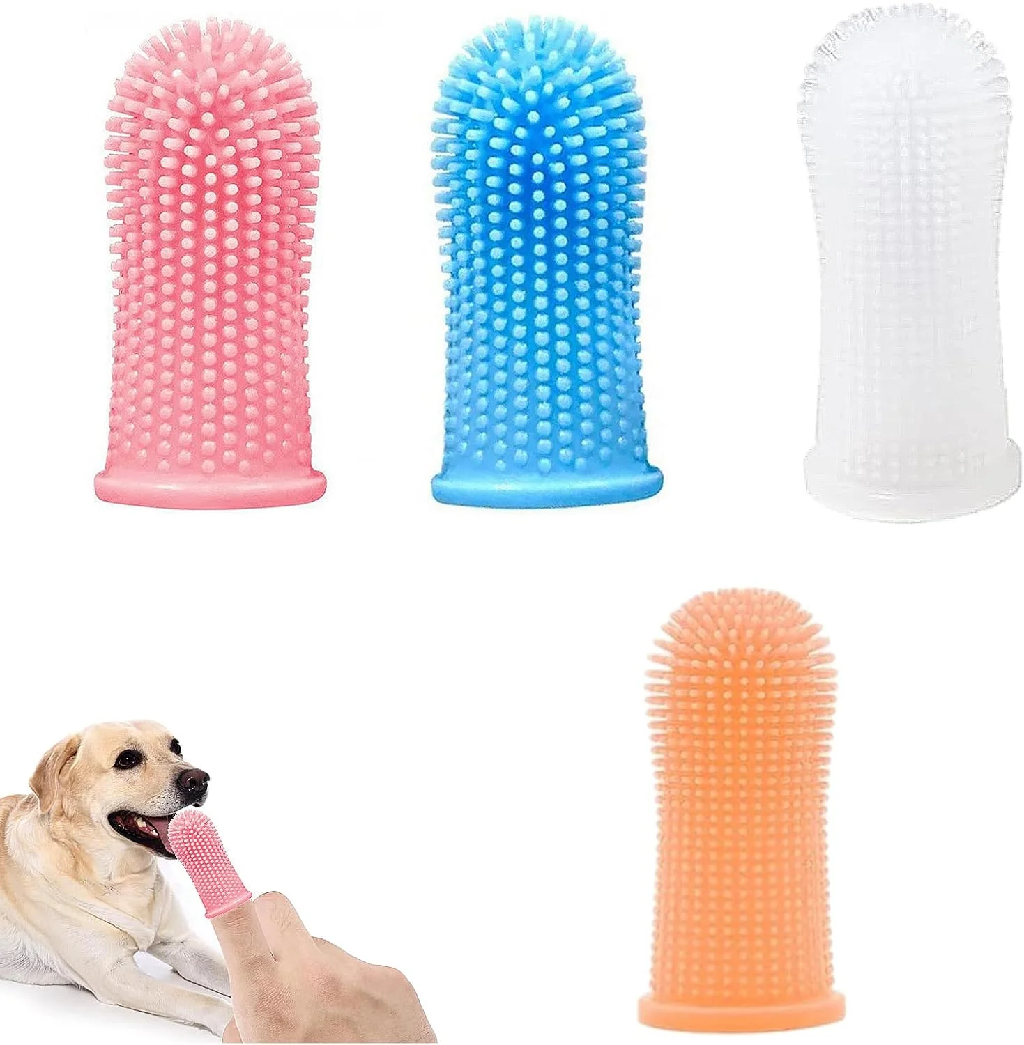 مجموعه ۴ عددی مسواک سگ، مسواک ۳۶۰ درجه تمیز کننده دندان حیوانات خانگی، مسواک انگشتی برای سگ ها، توله سگ ها، گربه ها و حیوانات خانگی کوچک مراقبت از دندان (آبی، صورتی)