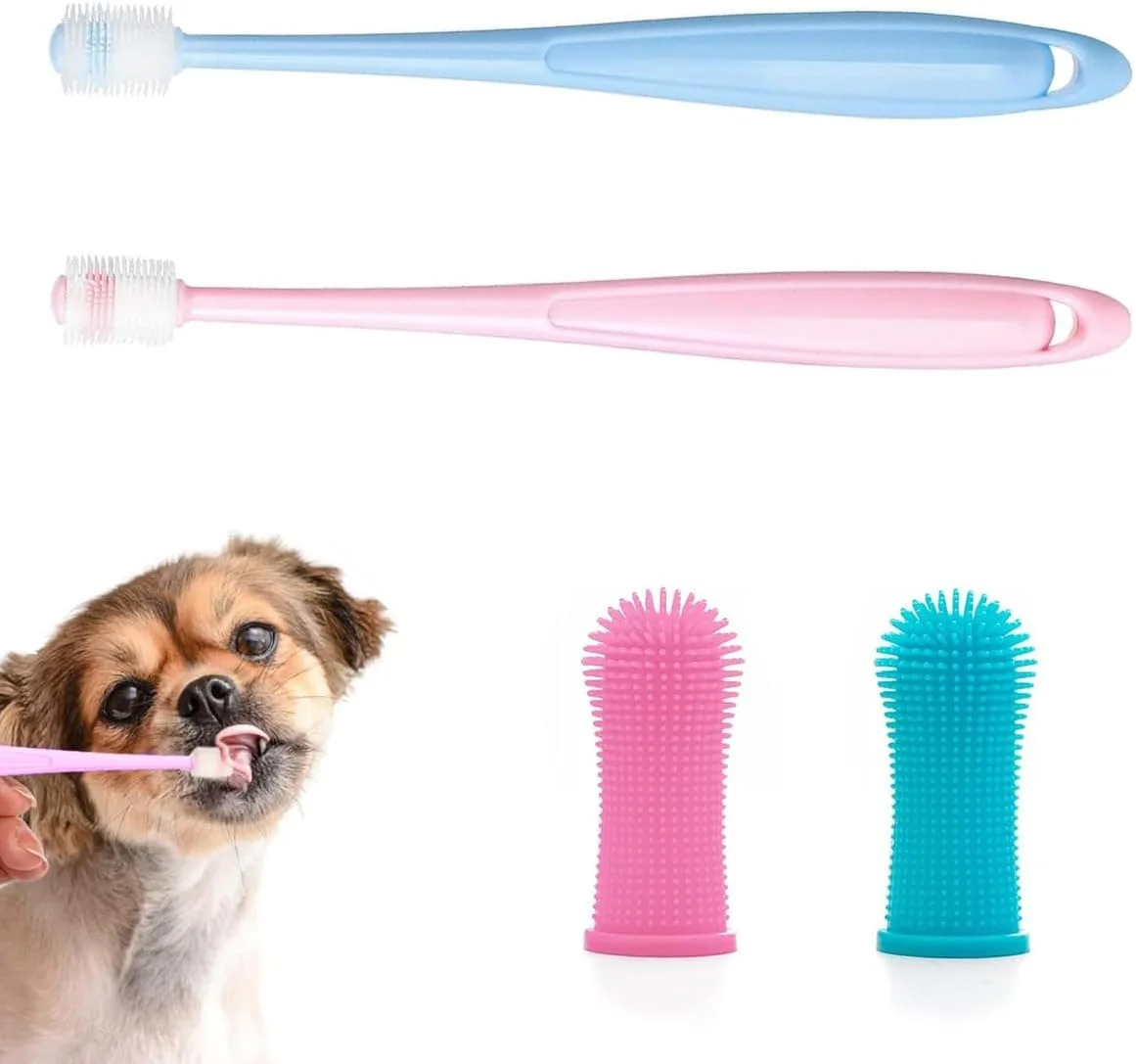بسته 4 عددی مسواک سگ، مسواک گربه با دسته بلند، مسواک 360 درجه حیوانات خانگی کوچک، ست مراقبت از دندان نرم گربه برای حیوانات خانگی کوچک، مسواک قابل استفاده مجدد گربه و سگ