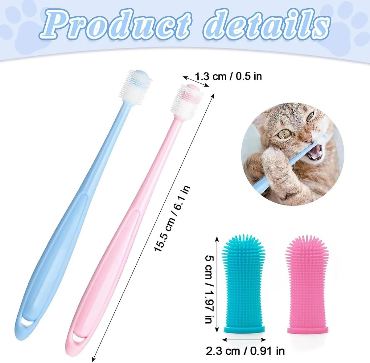 بسته 4 عددی مسواک سگ، مسواک گربه با دسته بلند، مسواک 360 درجه حیوانات خانگی کوچک، ست مراقبت از دندان نرم گربه برای حیوانات خانگی کوچک، مسواک قابل استفاده مجدد گربه و سگ