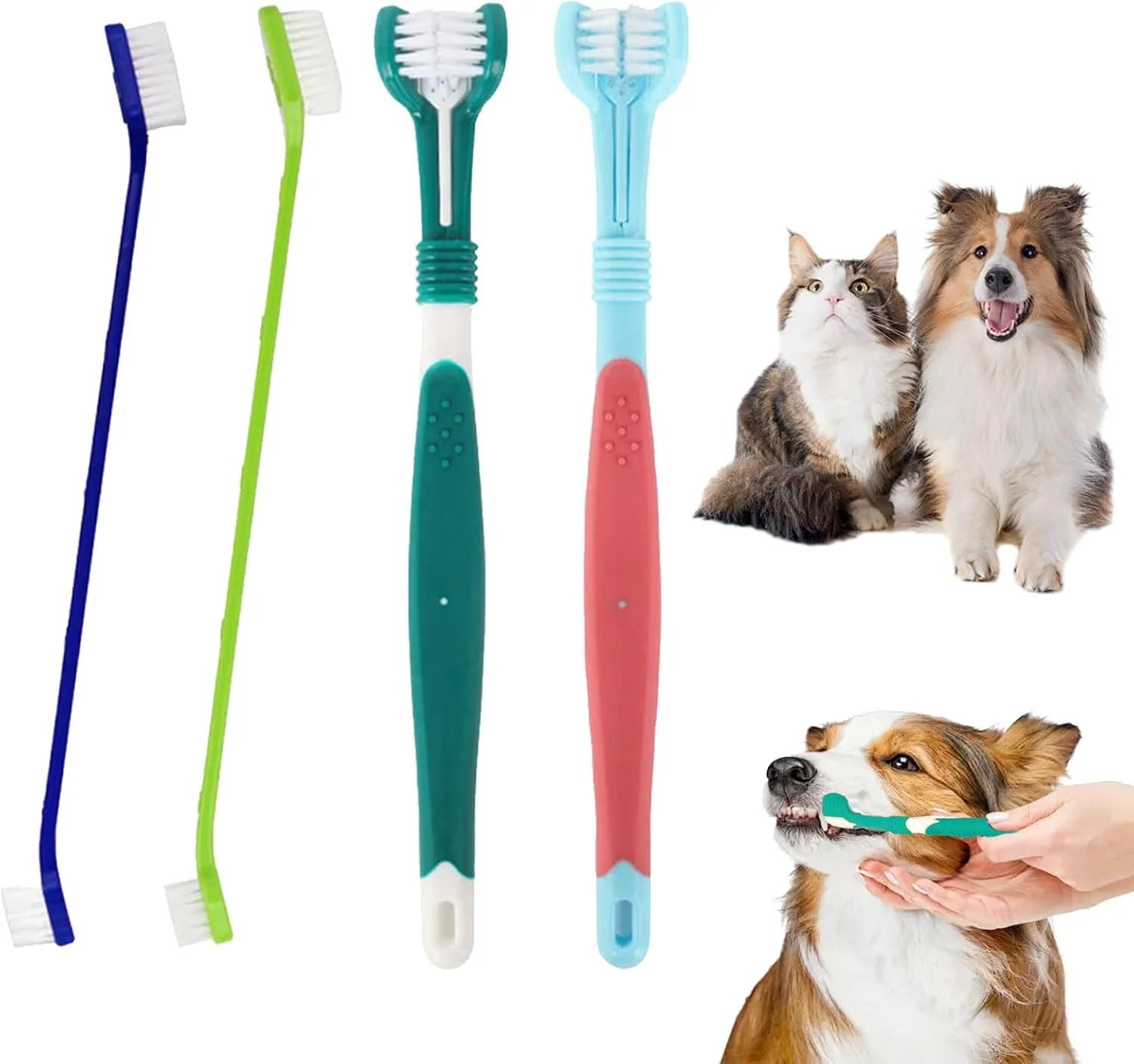 مجموعه 4 عددی مسواک سگ، مسواک سگ برای سگ های کوچک، 2 عدد مسواک سه طرفه سگ و 2 عدد مسواک دسته بلند سگ، مسواک سگ برای سگ ها و گربه ها