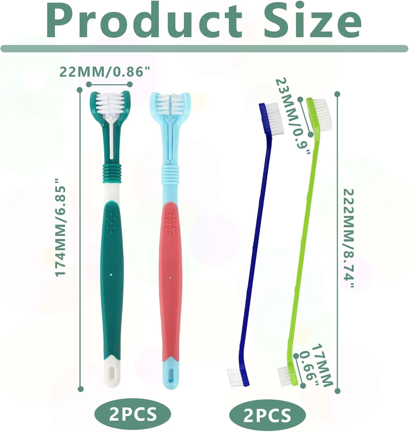 مجموعه 4 عددی مسواک سگ، مسواک سگ برای سگ های کوچک، 2 عدد مسواک سه طرفه سگ و 2 عدد مسواک دسته بلند سگ، مسواک سگ برای سگ ها و گربه ها