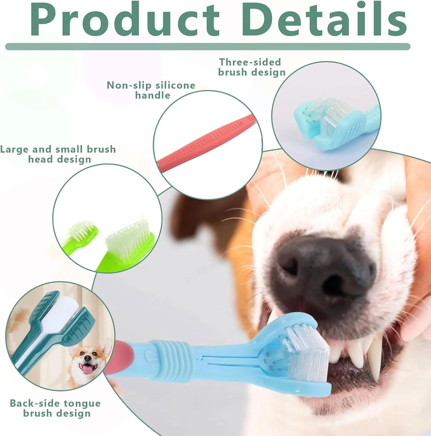 مجموعه 4 عددی مسواک سگ، مسواک سگ برای سگ های کوچک، 2 عدد مسواک سه طرفه سگ و 2 عدد مسواک دسته بلند سگ، مسواک سگ برای سگ ها و گربه ها