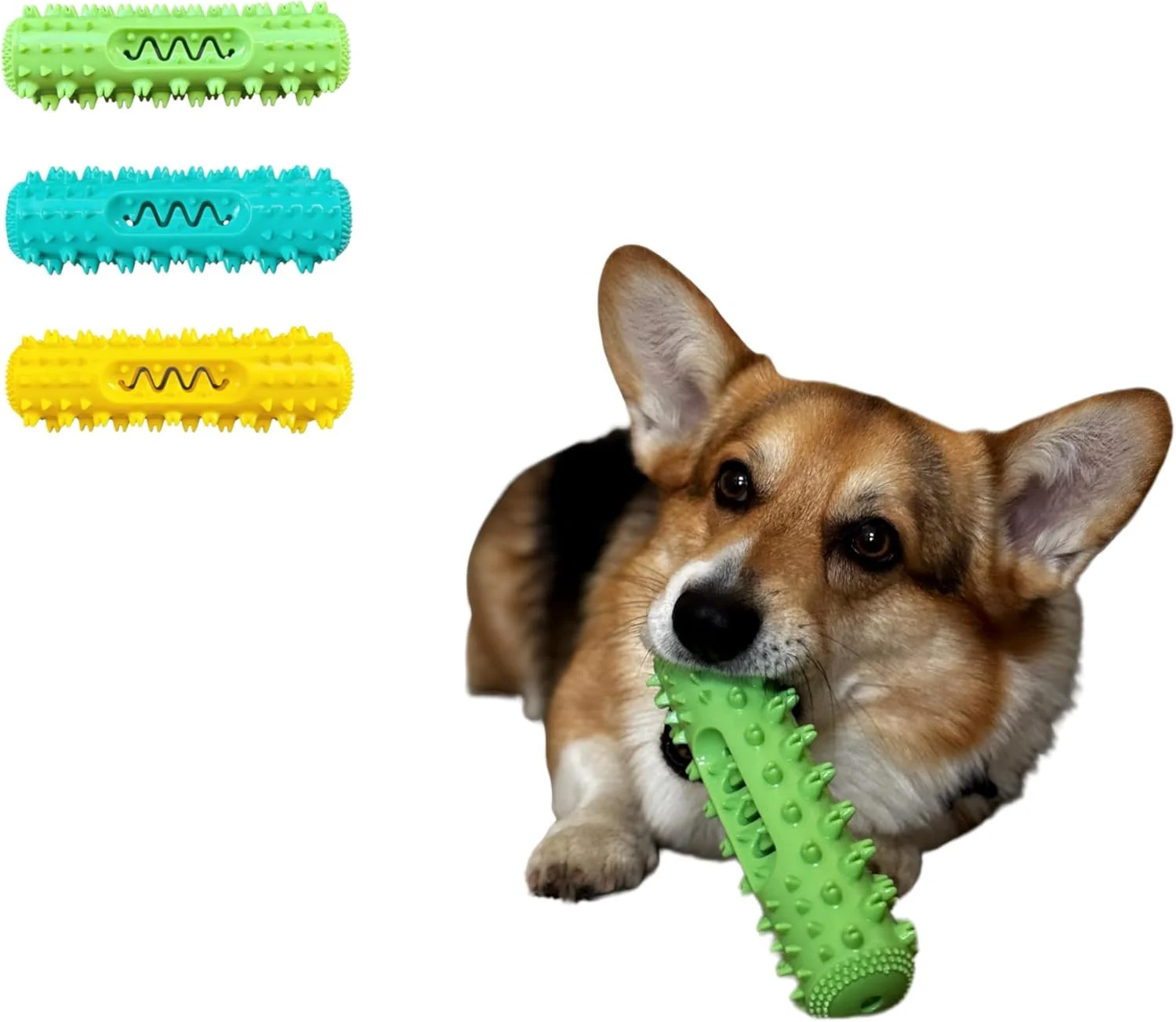 اسباب بازی جویدنی مسواک سگ، میله تمیز کننده دندان 360 درجه، 3 رنگ، جنس لاستیکی (سبز، متوسط)