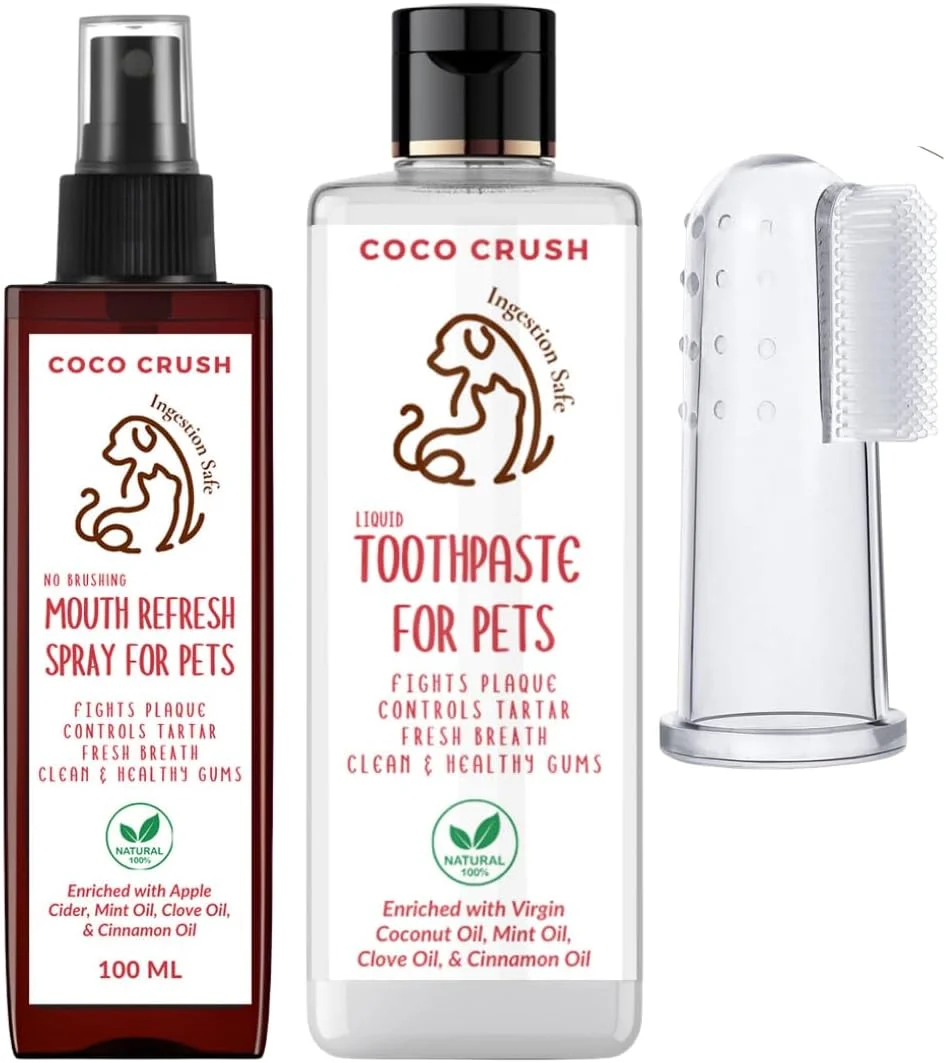مایع خمیر دندان طبیعی حیوانات خانگی، 50 میلی لیتر؛ مسواک انگشتی و اسپری خوشبو کننده دهان، 50 میلی لیتر | تمیز کردن دندان و تنفس تازه | مبارزه با پلاک و جرم | 100٪ خالص و ایمن برای بلعیدن | مناسب برای سگ ها، گربه ها
