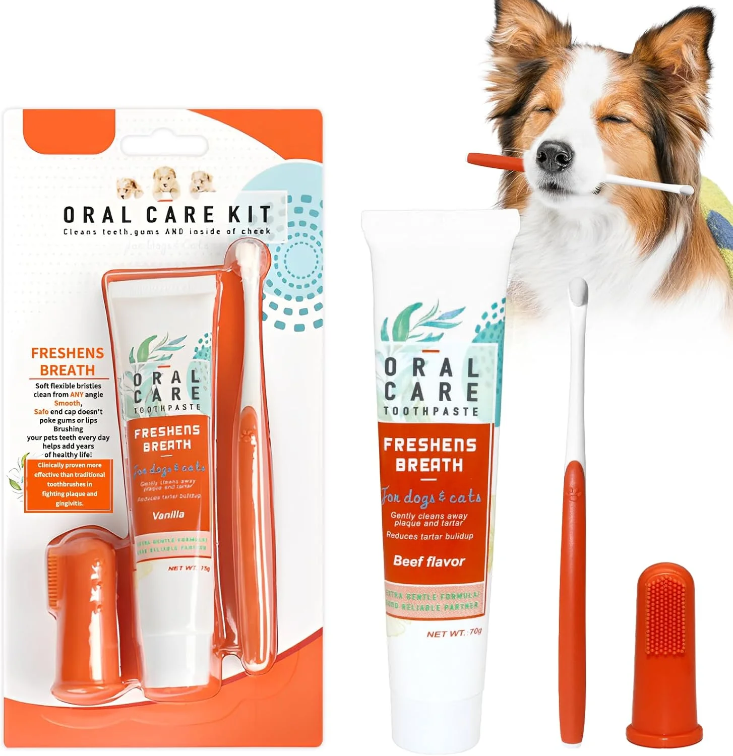 خمیر دندان سگ برای از بین بردن جرم، به همراه مسواک و مسواک انگشتی، از بین برنده پلاک و بوی بد دهان