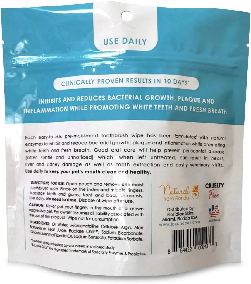 دستمال مرطوب مسواک حیوانات خانگی JAX & CALI، دستمال دندانی با بافت طبیعی، مراقبت کامل دهان و دندان حیوانات خانگی، بدون تست حیوانی، آنزیم های طبیعی پلاک و التهاب را کاهش می دهند، دندان ها را تمیز نگه می دارند، برای سگ ها و گربه ها، 65 عدد