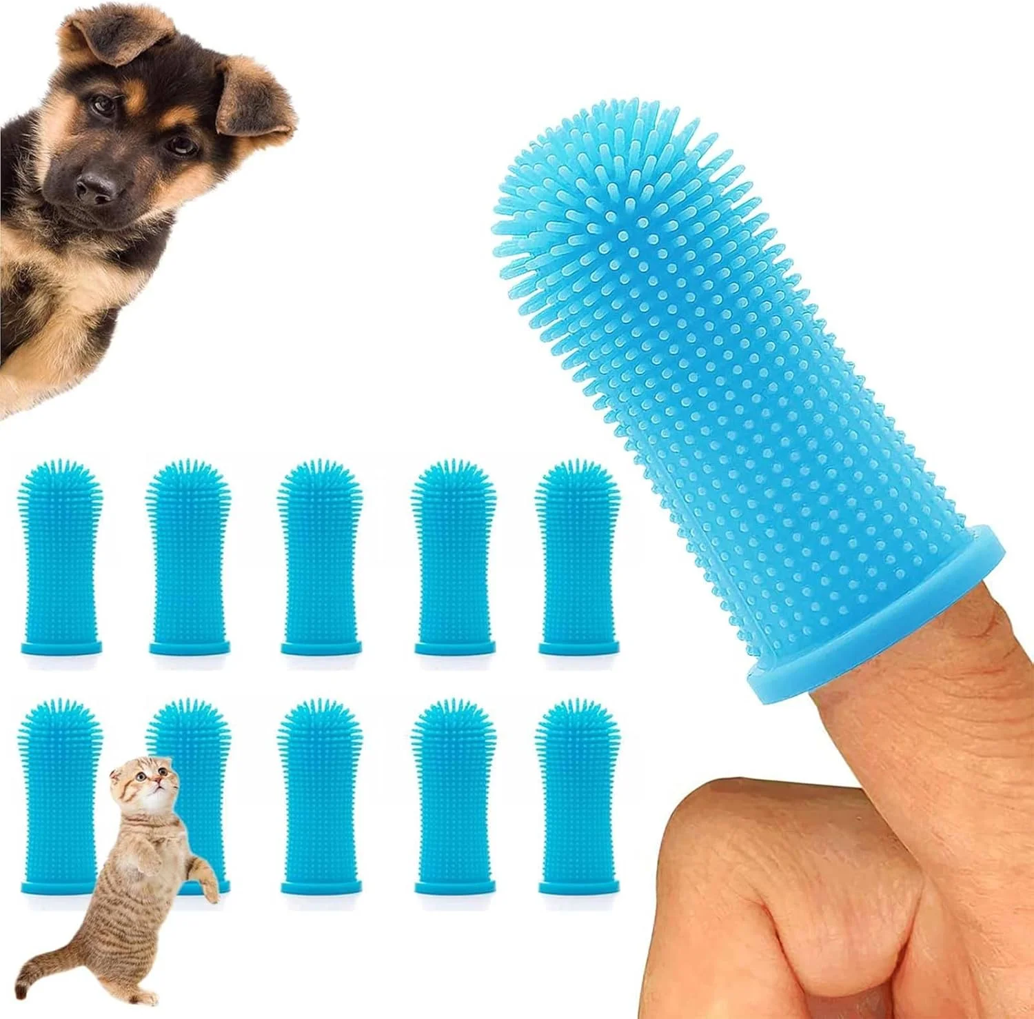 10 عدد مسواک انگشتی سگ، مسواک انگشتی 360 درجه سگ، کیت مسواک تمیز کننده دندان حیوانات خانگی سیلیکونی برای سگ ها و توله سگ ها، محصولات تمیز کننده دندان سگ برای گربه ها و حیوانات خانگی کوچک (آبی)