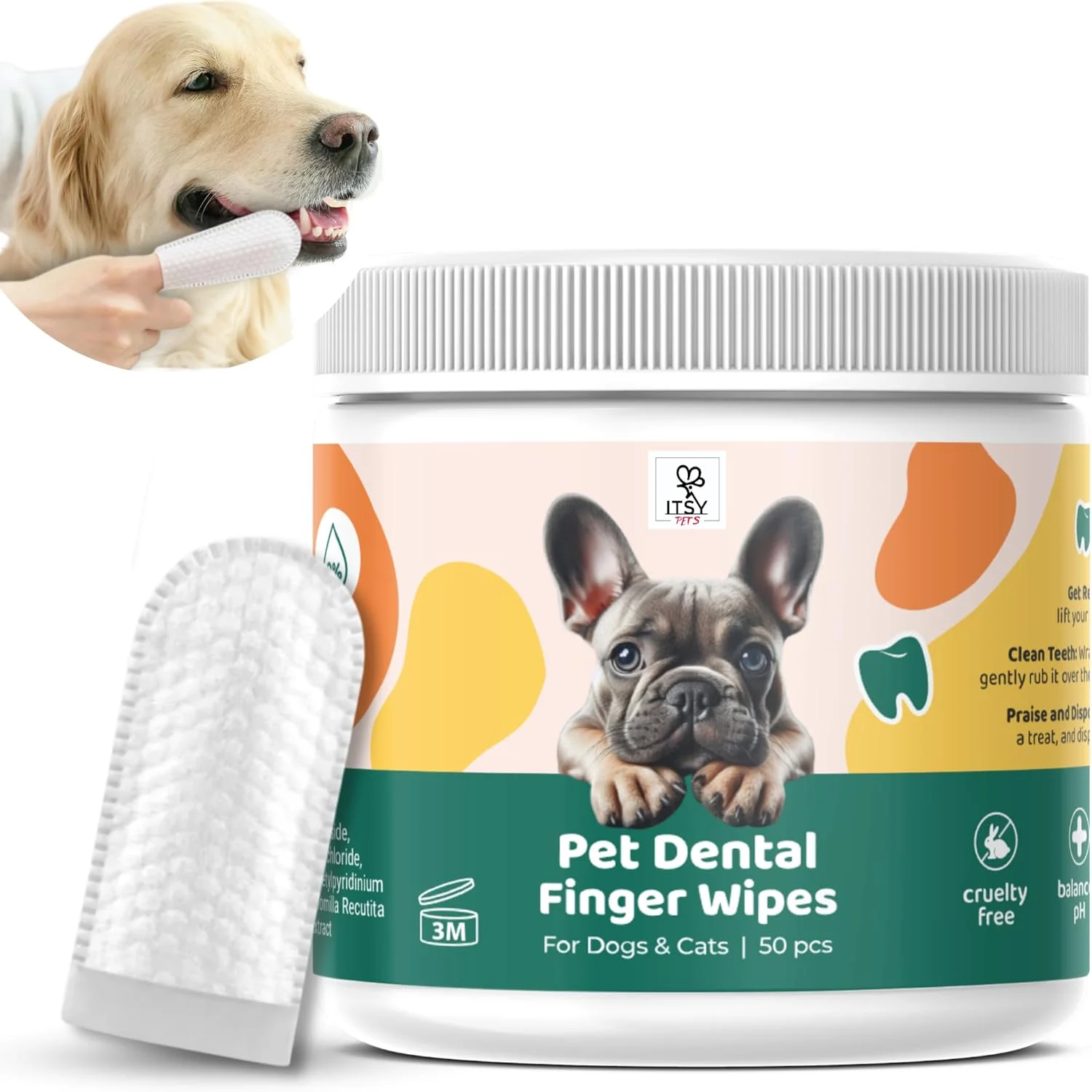 دستمال مرطوب انگشتی دندان حیوانات خانگی ITSY Pets – تنفس تازه و از بین بردن پلاک برای سگ ها و گربه ها – وگان، بدون تست حیوانی و متعادل از نظر pH – 50 عدد