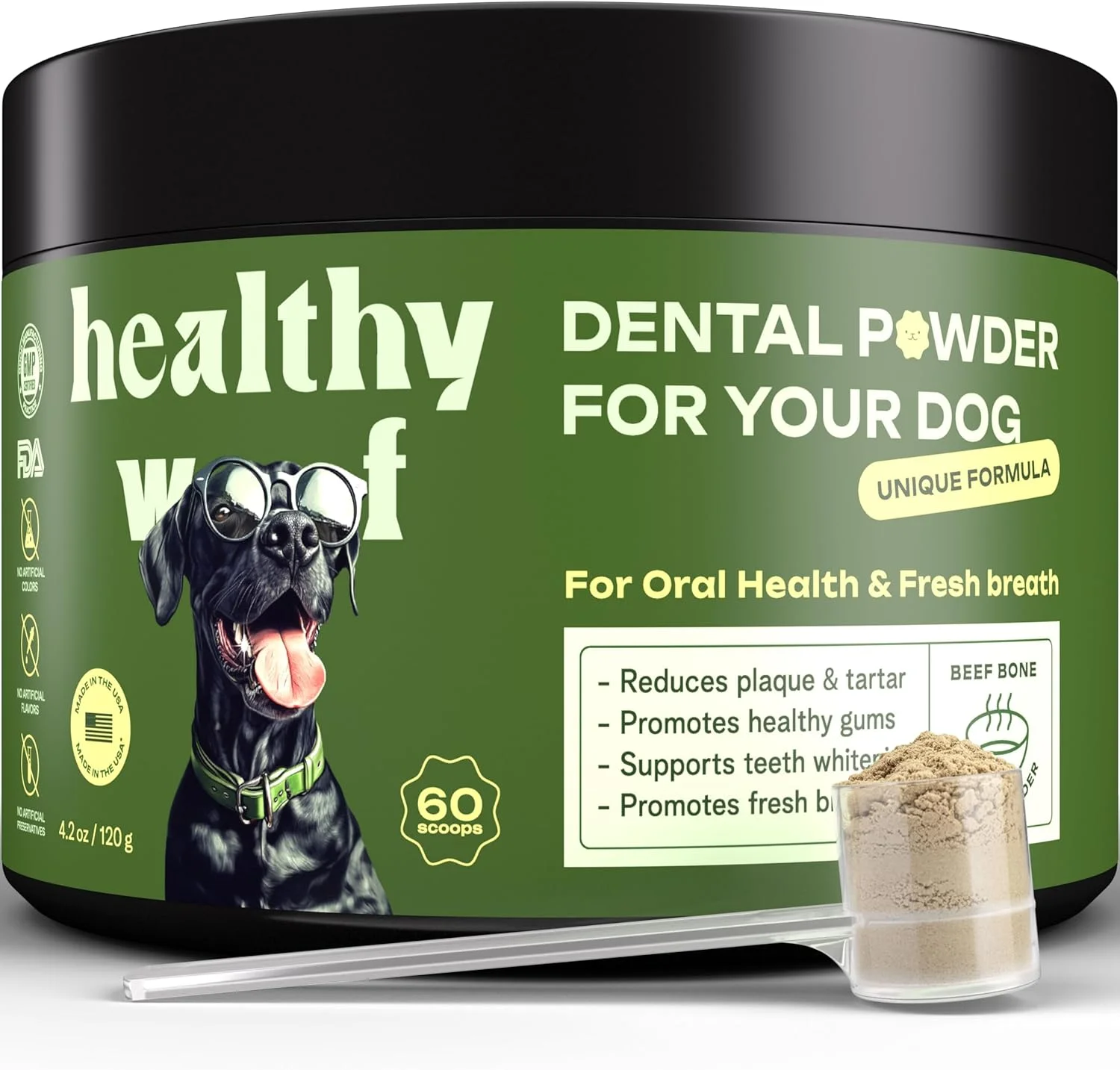 پودر دندان سگ - مراقبت کامل از دهان و دندان با طعم آب قلم استخوان، پودر تمیز کننده دندان سگ، از بین برنده جرم دندان، خوشبو کننده دهان، پشتیبانی از معده حساس، مراقبت از دندان بدون نیاز به مسواک، 120 گرم، 60 پیمانه