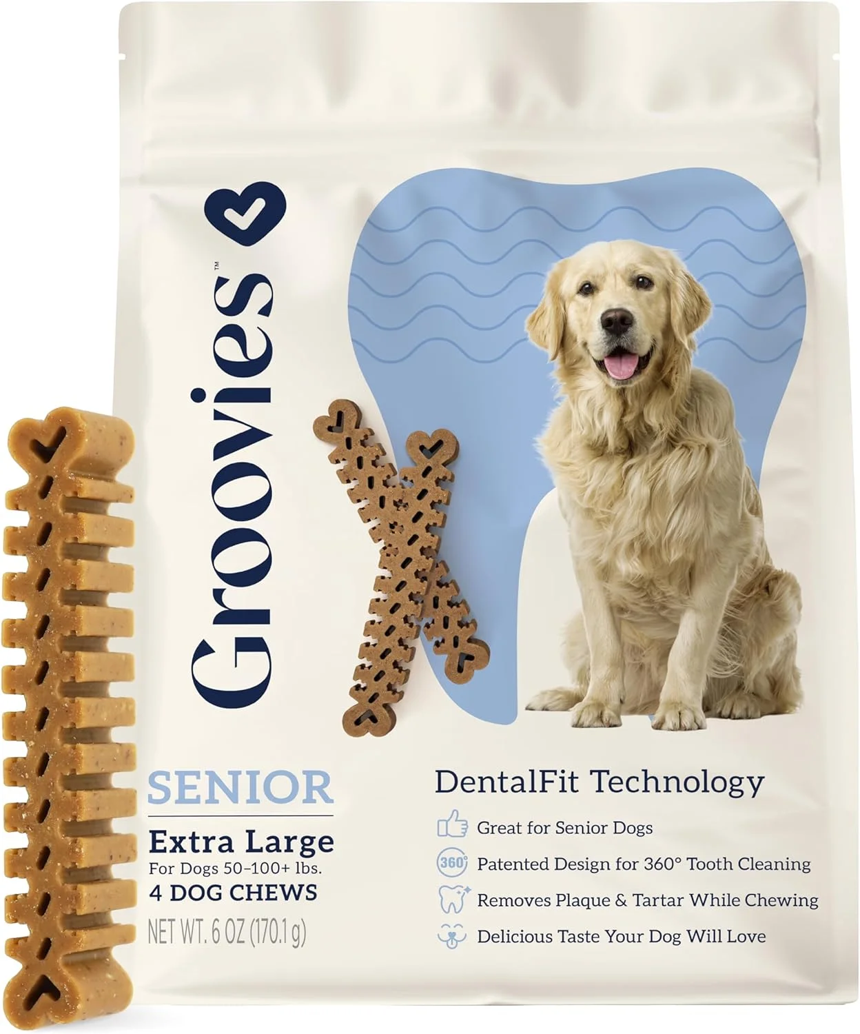 تشویقی دندانی سگ های مسن و سگ هایی با فک حساس. بافت کمی سفت. دارای فناوری ثبت شده DentalFit در ایالات متحده آمریکا. بدون گلوتن، طعم دهنده یا رنگ مصنوعی. طعم مرغ. 170 گرم خیلی بزرگ (4 عدد)