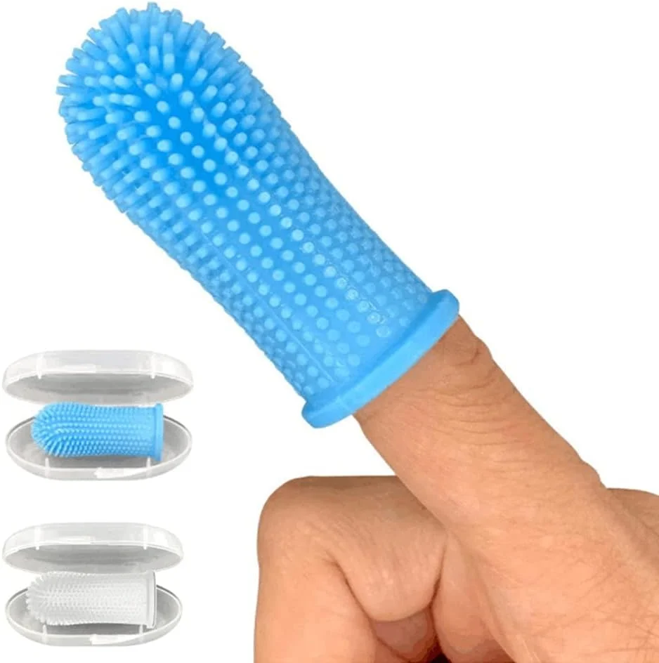 دو عدد مسواک انگشتی سگ، مسواک سیلیکونی حیوانات خانگی با برس های فراگیر، مناسب سگ، گربه و سایر حیوانات خانگی (آبی و سفید)