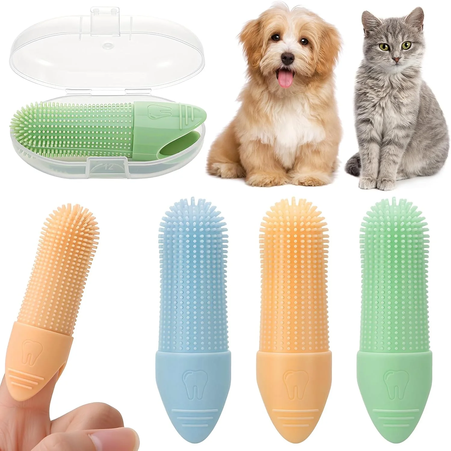 مسواک انگشتی سگ، بسته 3 عددی مسواک انگشتی سیلیکونی با 1 جعبه نگهداری، تمیز کننده نرم دندان برای سگ، گربه و توله سگ