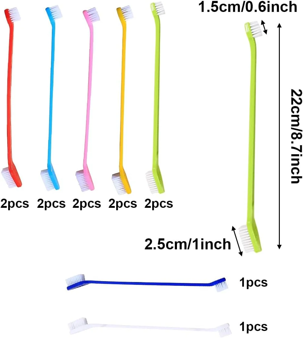 مجموعه ۱۲ عددی مسواک سگ و گربه، شامل ۱۰ عدد مسواک دو سر با دسته بلند و ۲ عدد مسواک کوچک برای تمیز کردن دندان، مناسب برای مراقبت از دندان توله سگ و گربه
