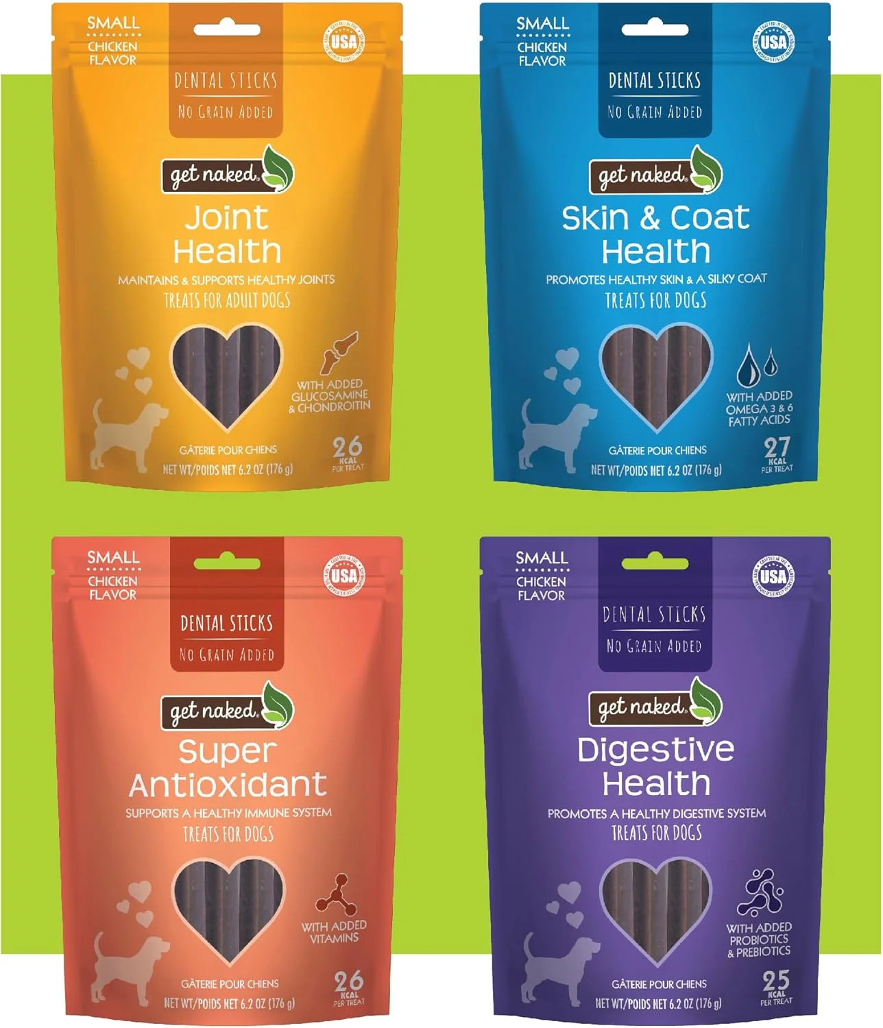 تشویقی سگ دنتال استیک بدون غلات با طعم مرغ، بسته متنوع، سلامت دستگاه گوارش + پوست و مو + سلامت مفاصل + آنتی اکسیدان فوق العاده، مجموعا 4 بسته، 703 گرم، 64 عدد